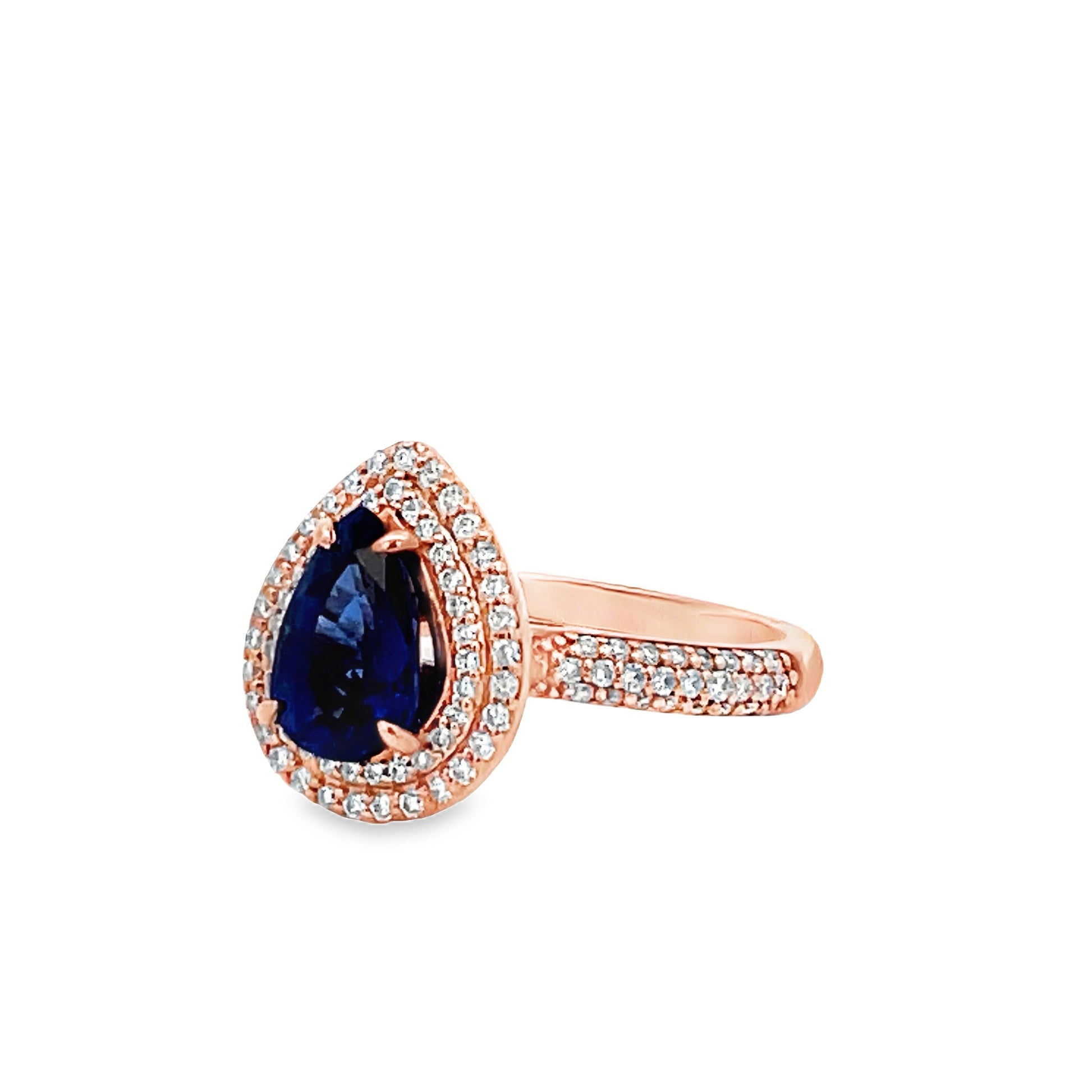 Side view of 18k Rose Gold Pear Shape Oval Sapphire Double Row Diamond Ring 