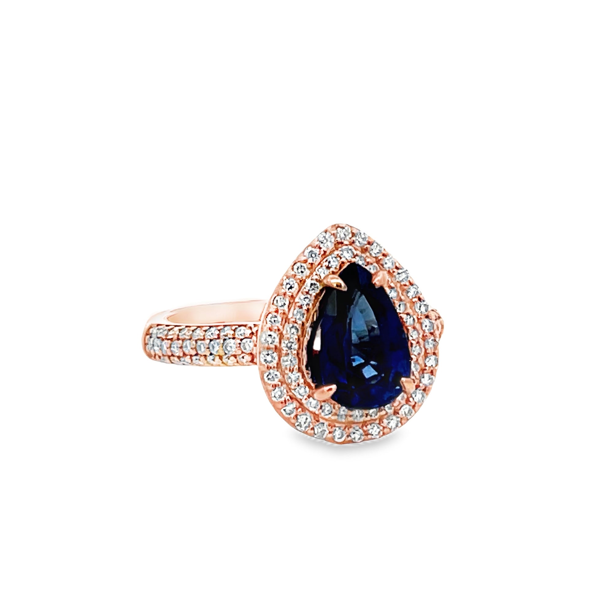 Side view of 18k Rose Gold Pear Shape Oval Sapphire Double Row Diamond Ring 