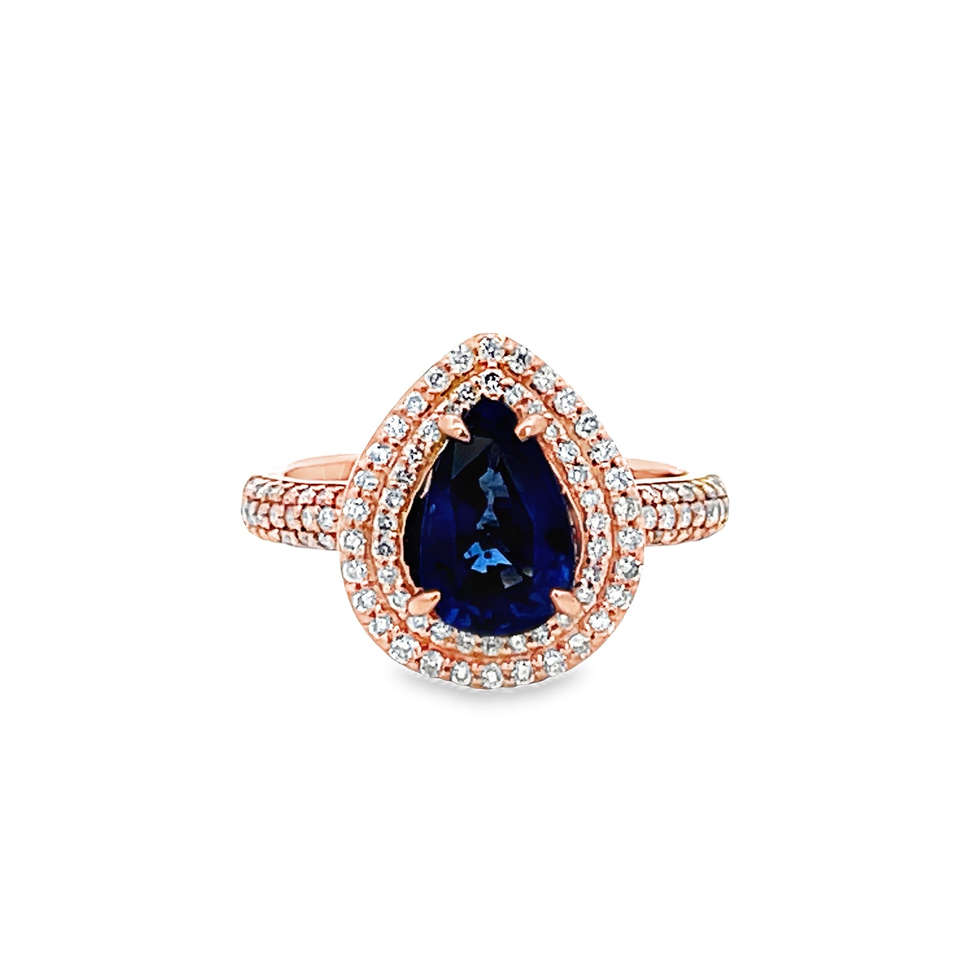 Front view of 18k Rose Gold Pear Shape Oval Sapphire Double Row Diamond Ring 