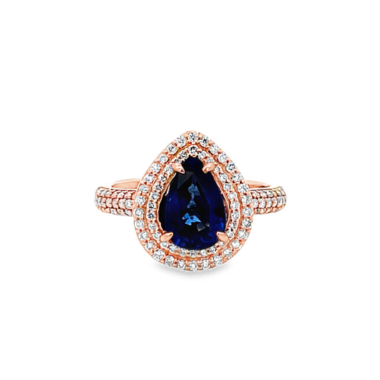 Front view of 18k Rose Gold Pear Shape Oval Sapphire Double Row Diamond Ring 