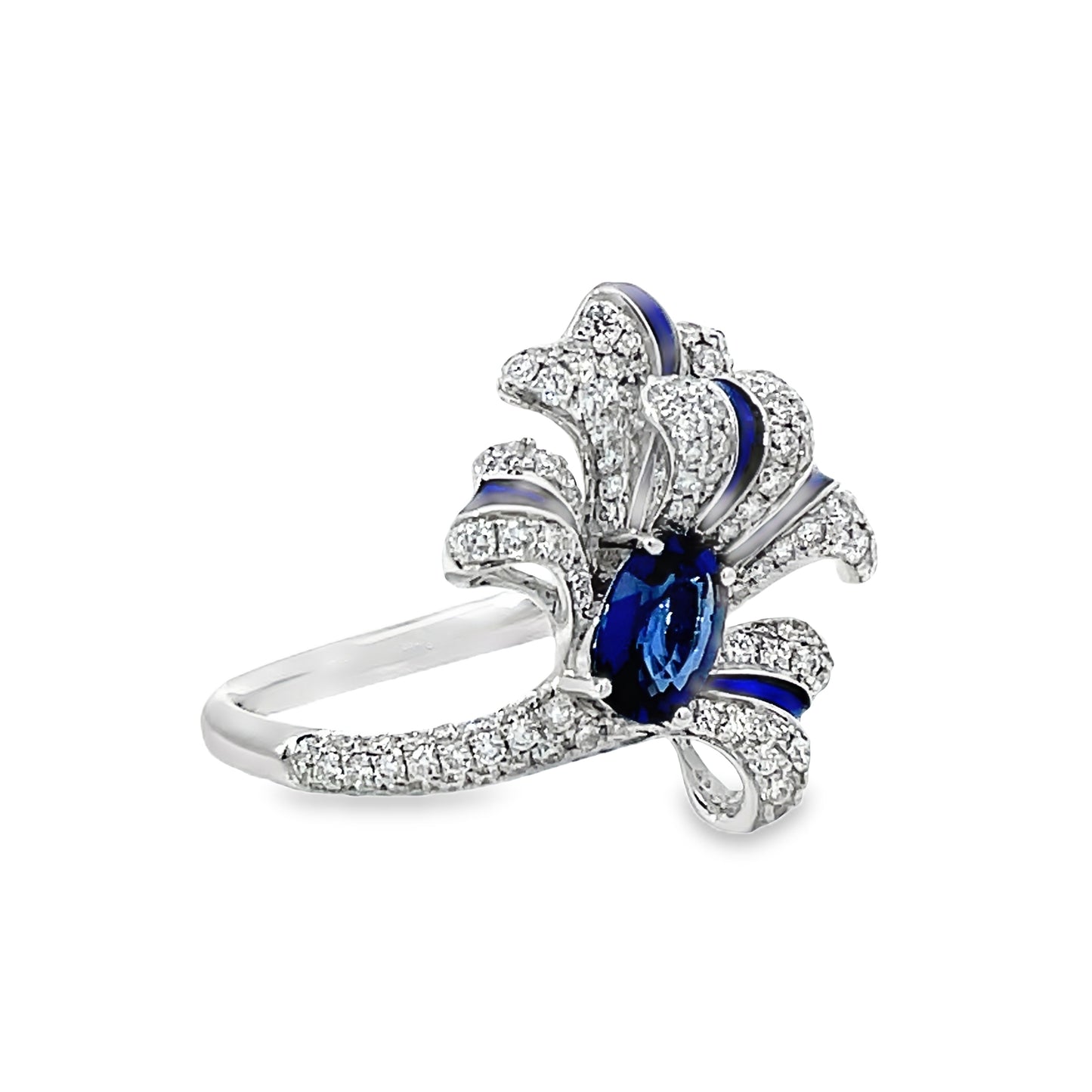 Side view of 18k white Gold Sapphire and Diamond Feather Enamel Ring