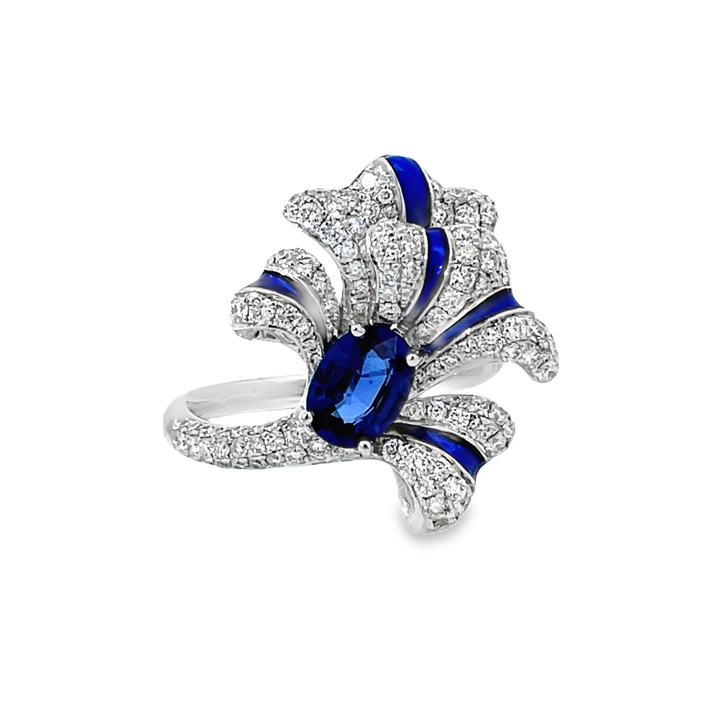 Front view of 18k white Gold Sapphire and Diamond Feather Enamel Ring