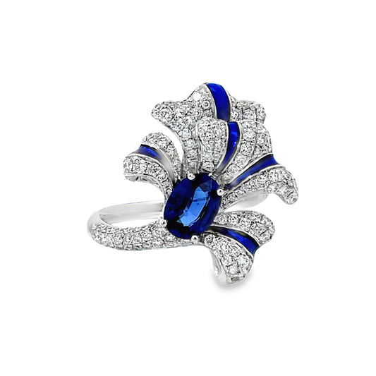 Front view of 18k white Gold Sapphire and Diamond Feather Enamel Ring