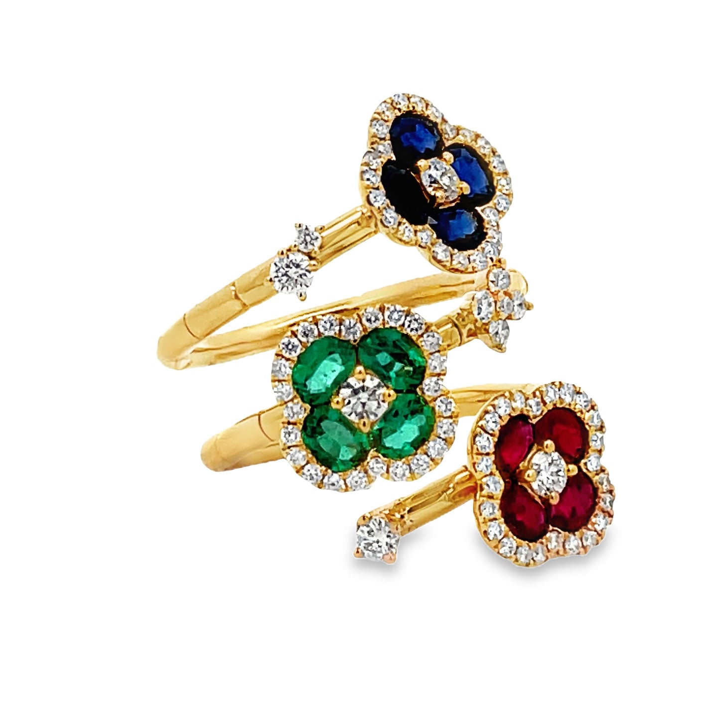 Side view of 18k Yellow Gold Diamond, Sapphire, Ruby and Emerald Flower Ring