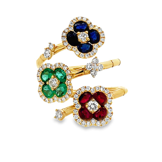 Front view of 18k Yellow Gold Diamond, Sapphire, Ruby and Emerald Flower Ring
