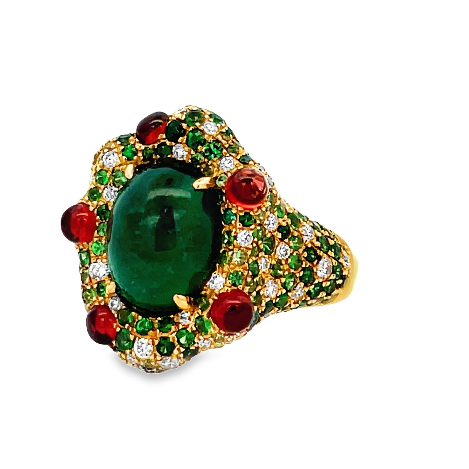 Side view of 18k Yellow Gold Emerald Cabochon, Diamond and Garnet Dome Ring 