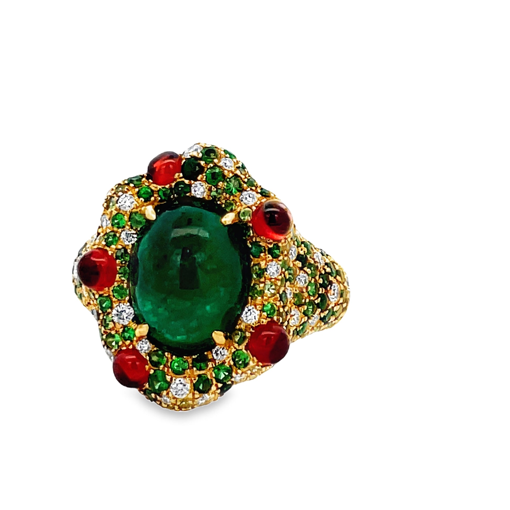 Side view of 18k Yellow Gold Emerald Cabochon, Diamond and Garnet Dome Ring 