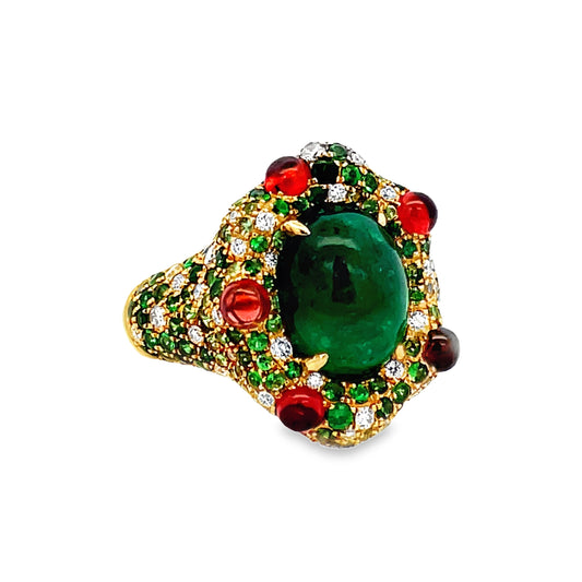 Side view of 18k Yellow Gold Emerald Cabochon, Diamond and Garnet Dome Ring 