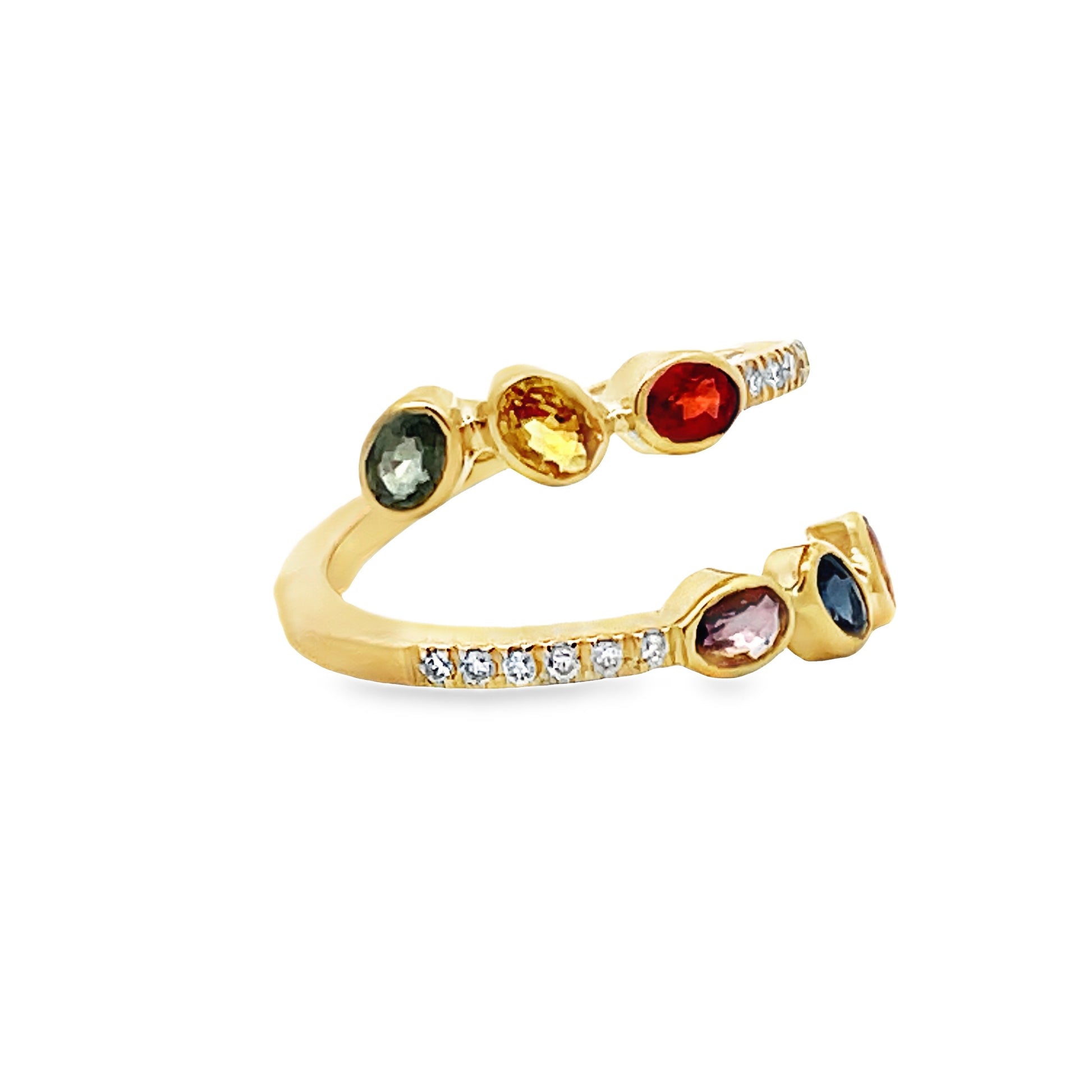 Side view of 14k Yellow Gold Multicolor Sapphire & Diamond Criss Cross Ring 
