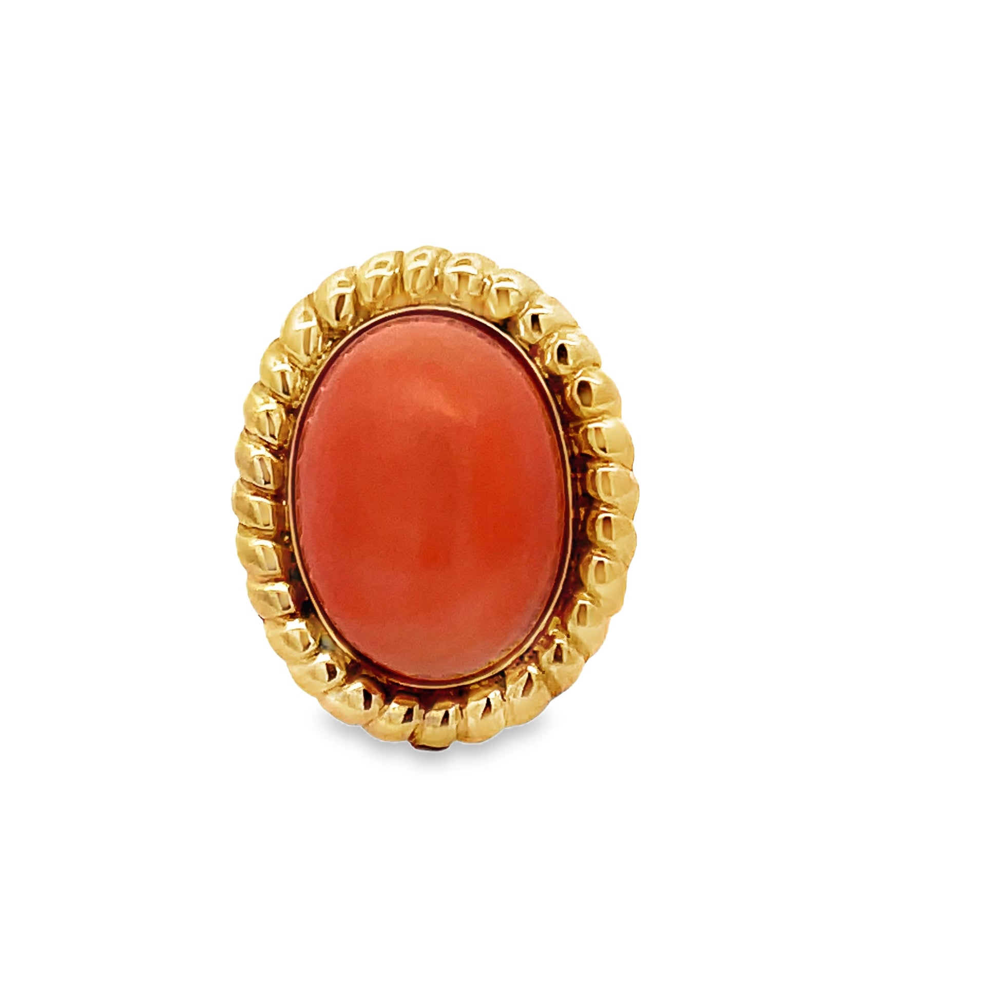Front view of 14k Yellow Gold Oval Shape Coral Ring 