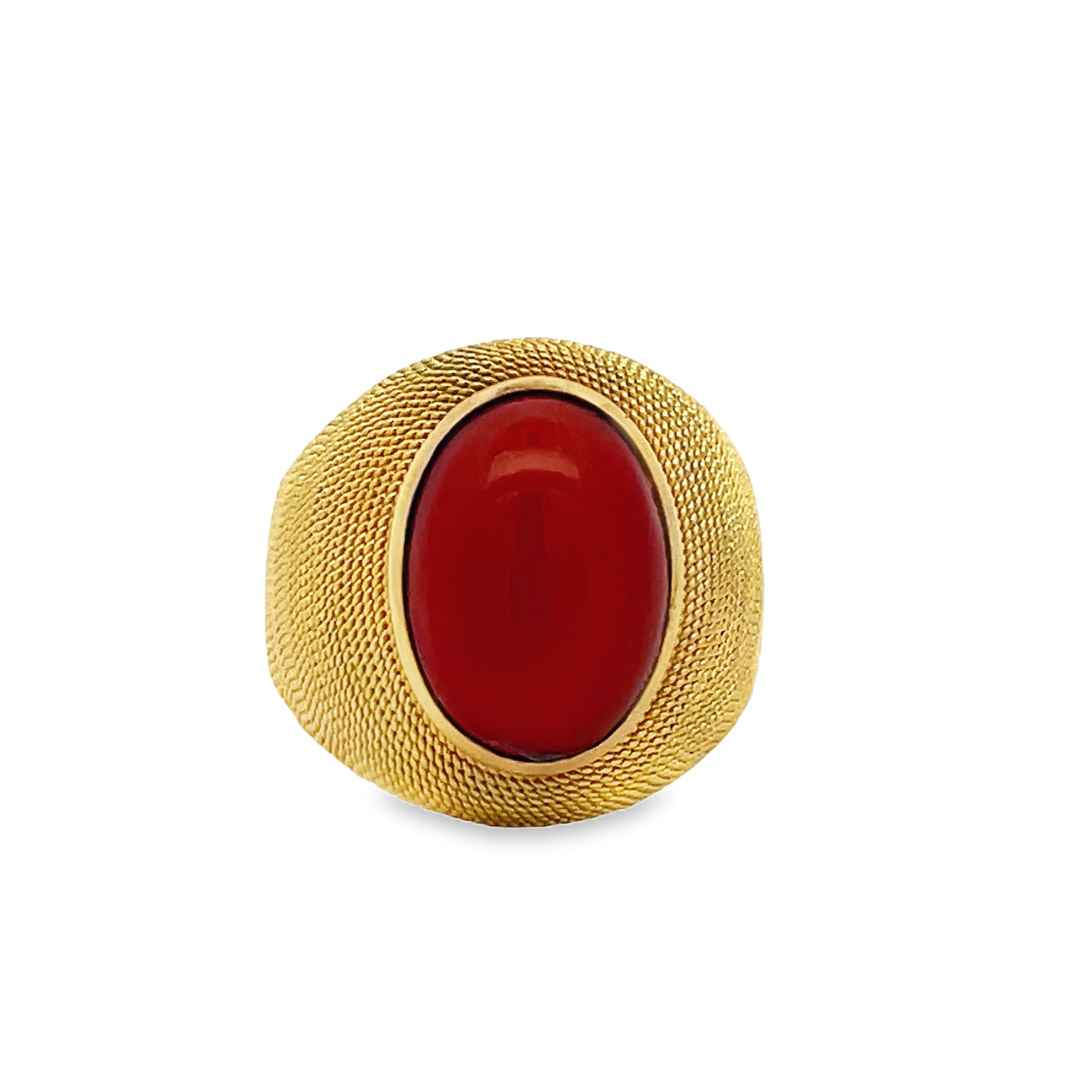 Front view of 18k Yellow Gold Italian Made Woven Design Natural Coral Matte Finish Ring 