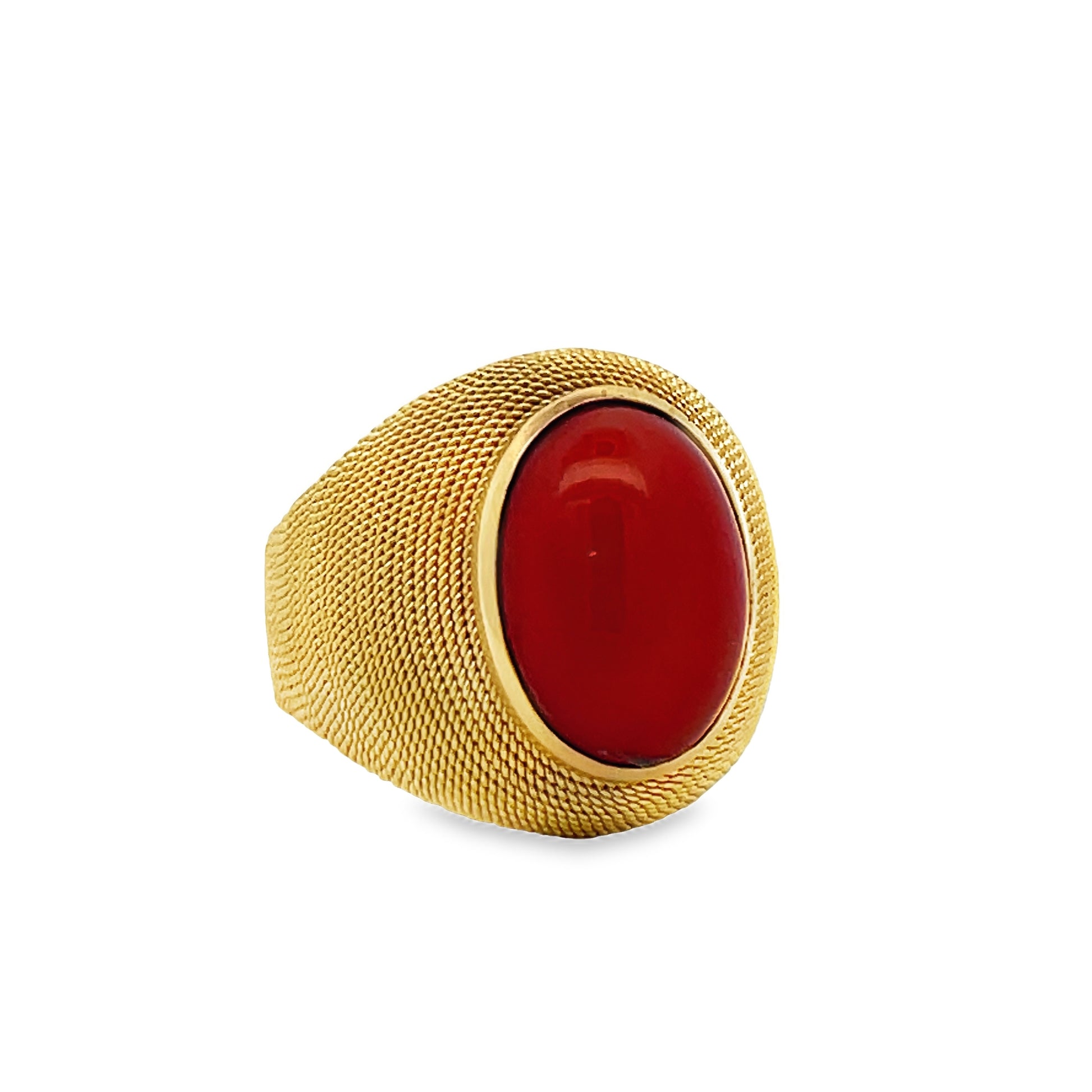 Side view of 18k Yellow Gold Italian Made Woven Design Natural Coral Matte Finish Ring 