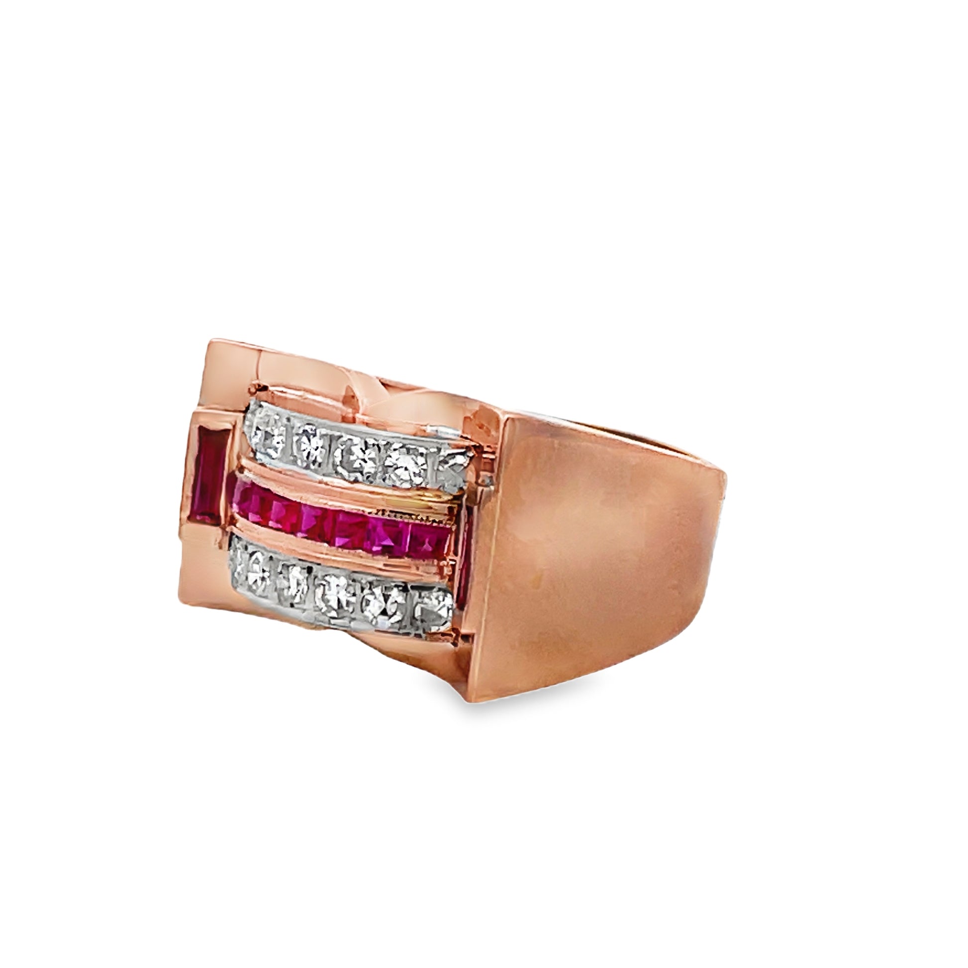 Side view of 14k Rose Gold Estate Ruby and Diamond Ring