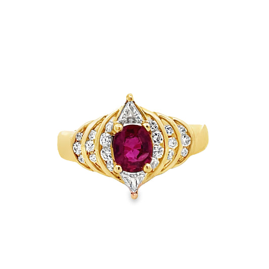 Front view of Estate 18k Yellow Gold Ruby and Diamond Ring