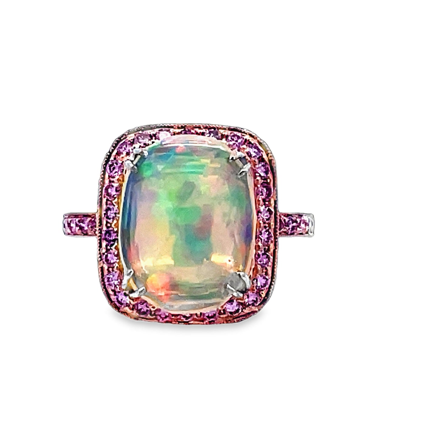 Front view of 18k Rose Gold Ethiopian Oval Opal and Pink Diamond Ring
