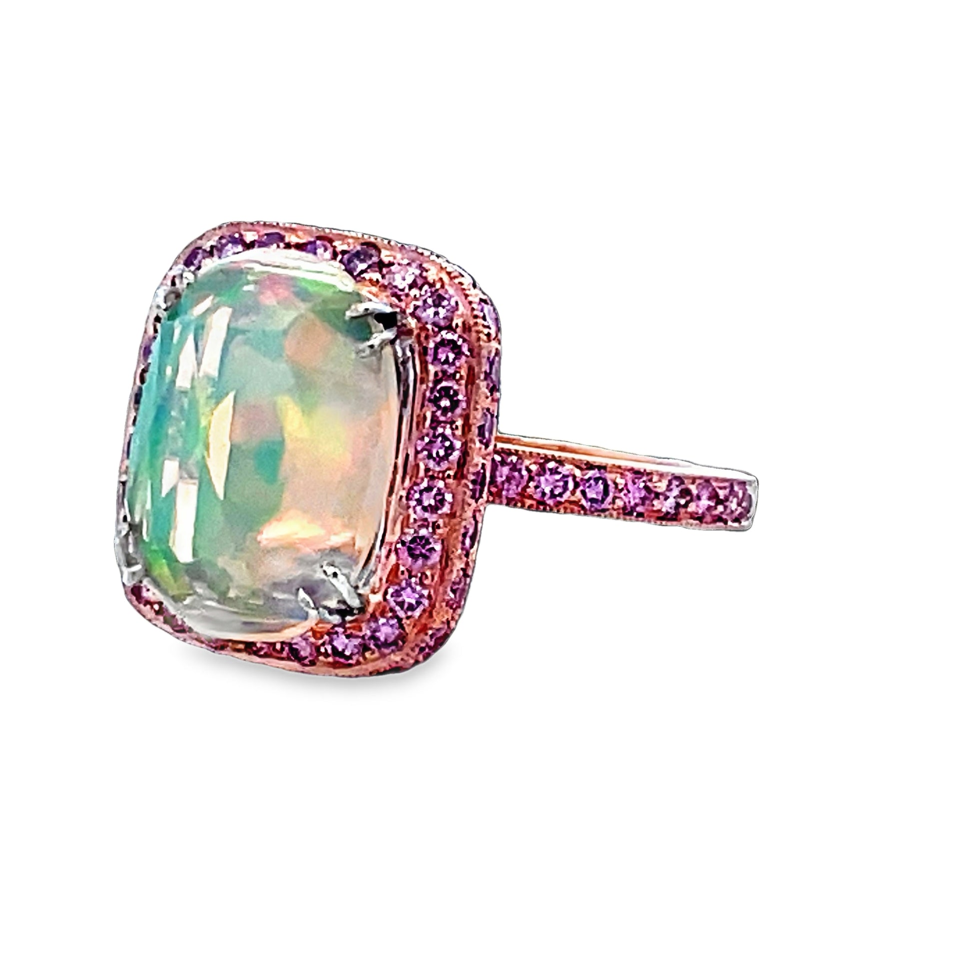 Side view of 18k Rose Gold Ethiopian Oval Opal and Pink Diamond Ring