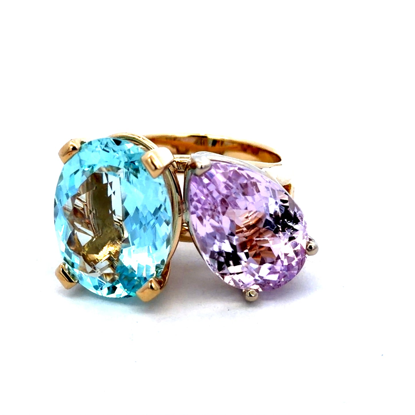 Front view of Toi et Moi Blue Topaz and Kunzite Ring in 14k Yellow Gold