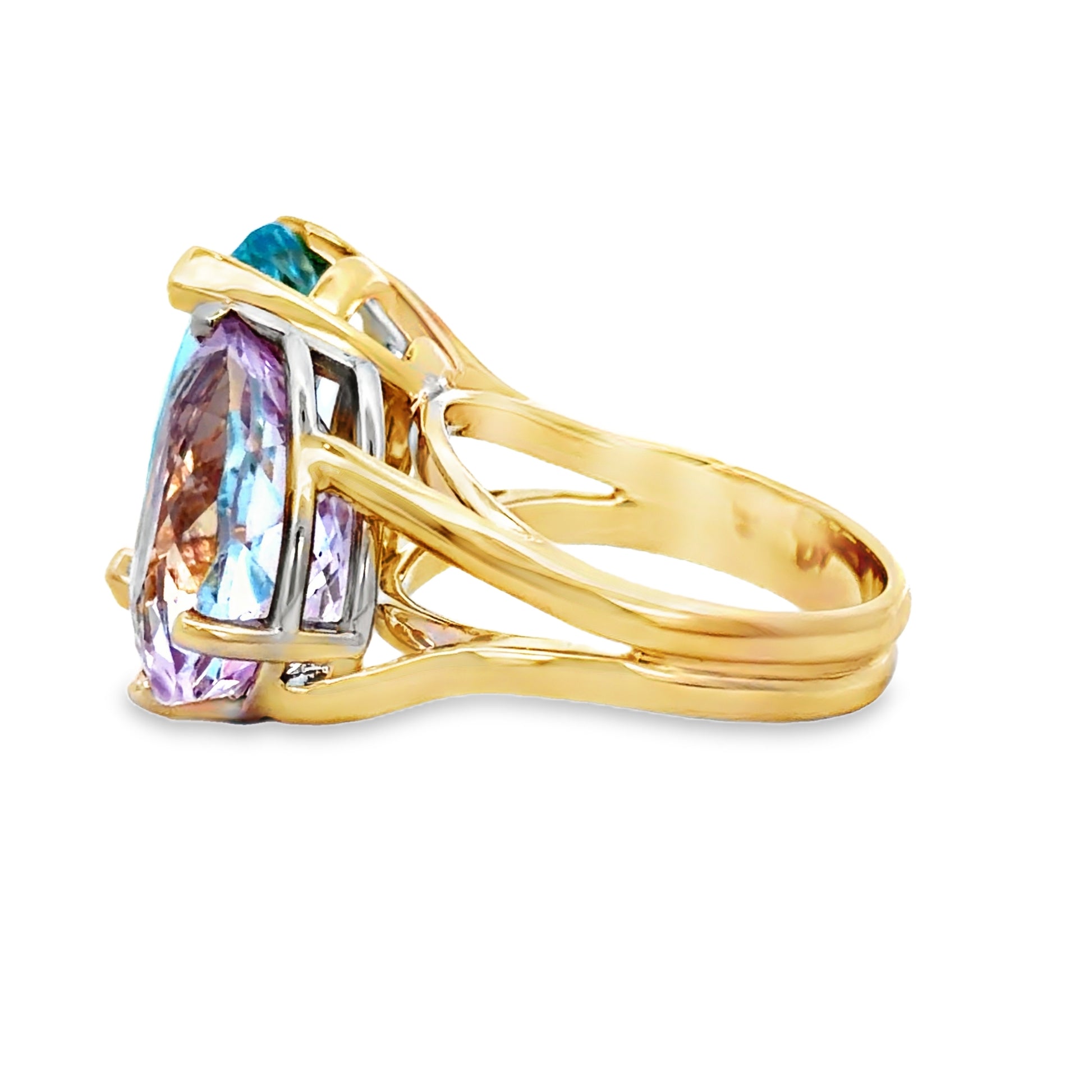 Side view of Toi et Moi Blue Topaz and Kunzite Ring in 14k Yellow Gold