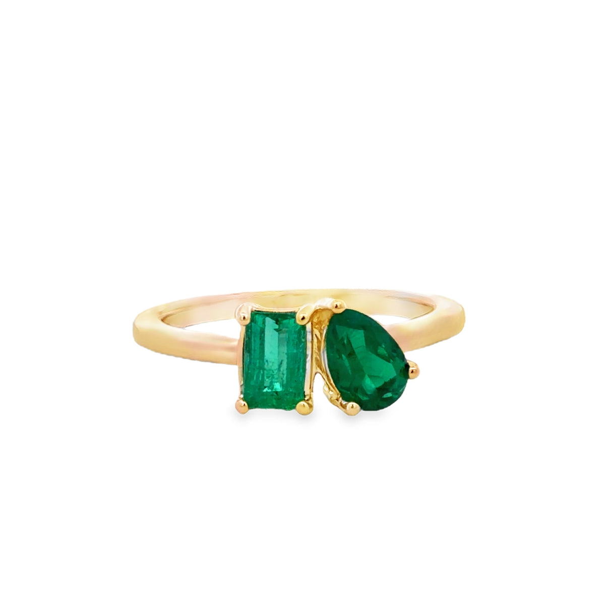 Front view of 14k Yellow Gold Two-Stone Emerald Ring