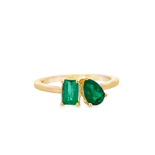 Front view of 14k Yellow Gold Two-Stone Emerald Ring