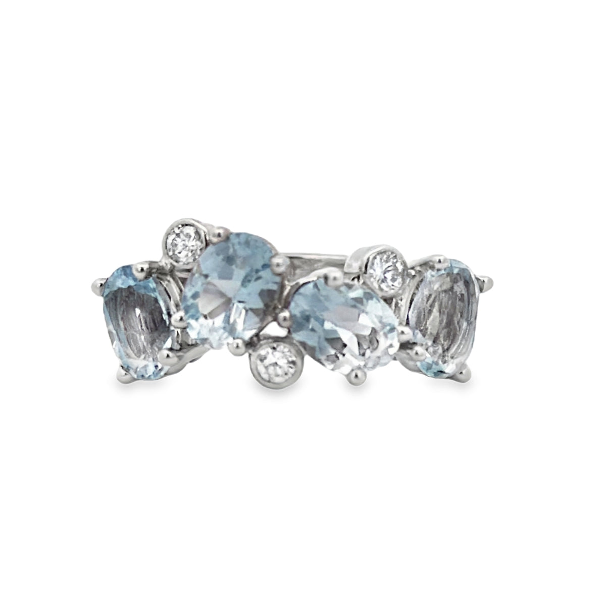 Front view of 14k White Gold Oval Aquamarine & Diamond Cluster Ring