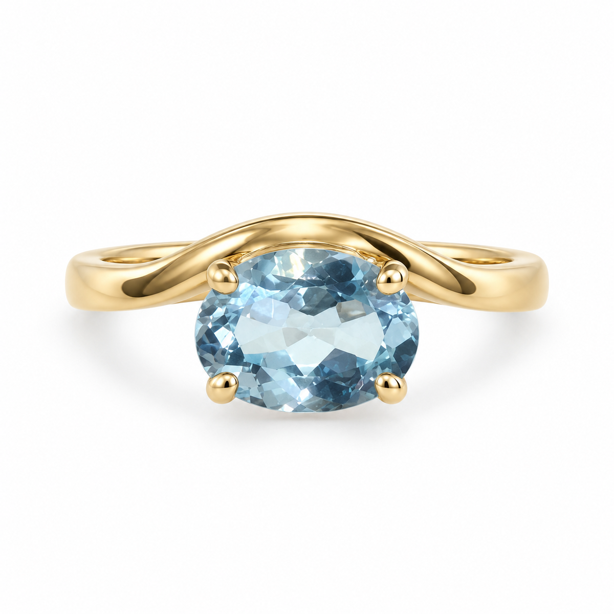 Front view of 14K Yellow Gold Tourmaline Pinky Ring Blue Topaz