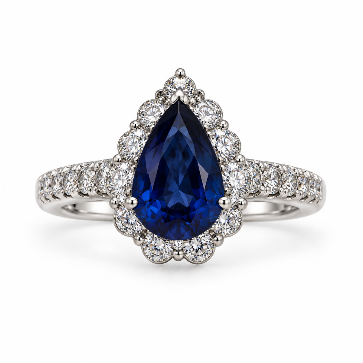 Front view of 18K White Gold Pear Shape Sapphire and Diamond Ring