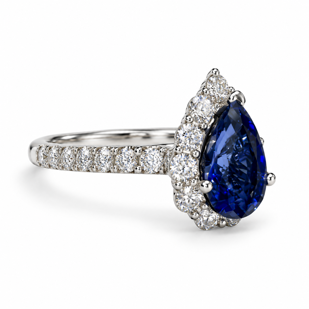 Side view of 18K White Gold Pear Shape Sapphire and Diamond Ring