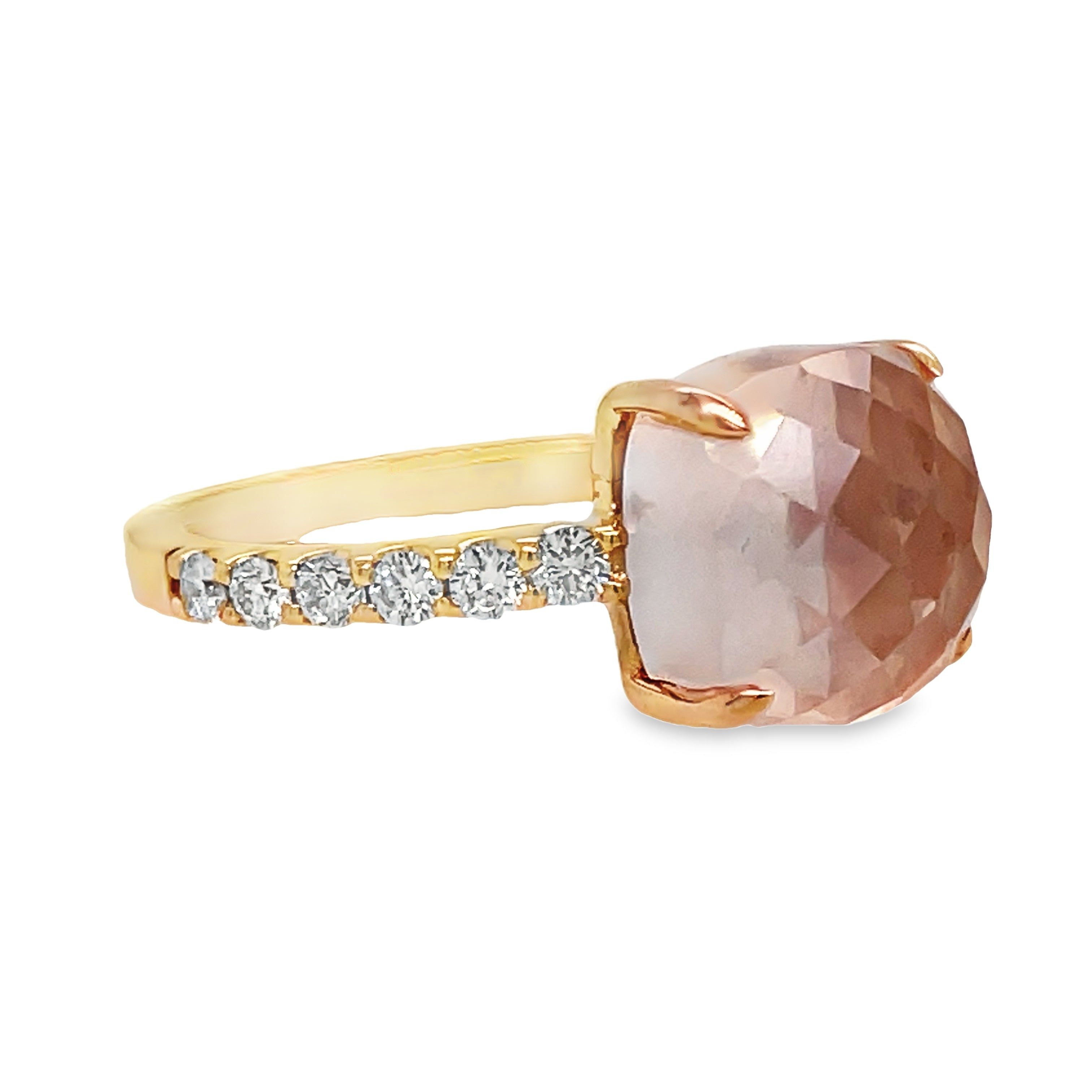 levate any look with our stunning Faceted Pink Quartz Cube Diamond Ring in Rose Gold. Made with 14k rose gold and featuring a faceted 10.00mm rose quartz cube, this ring is the perfect combination of elegance and sophistication. Each ring also boasts 0.65 carats of round diamonds to add a touch of sparkle to your style. Available in size 6.5.