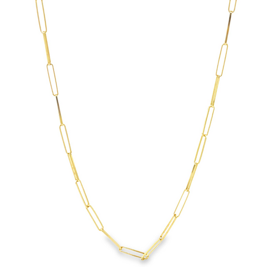 Front view of 18K Italian Made Yellow Gold Paperclip Necklace 18"