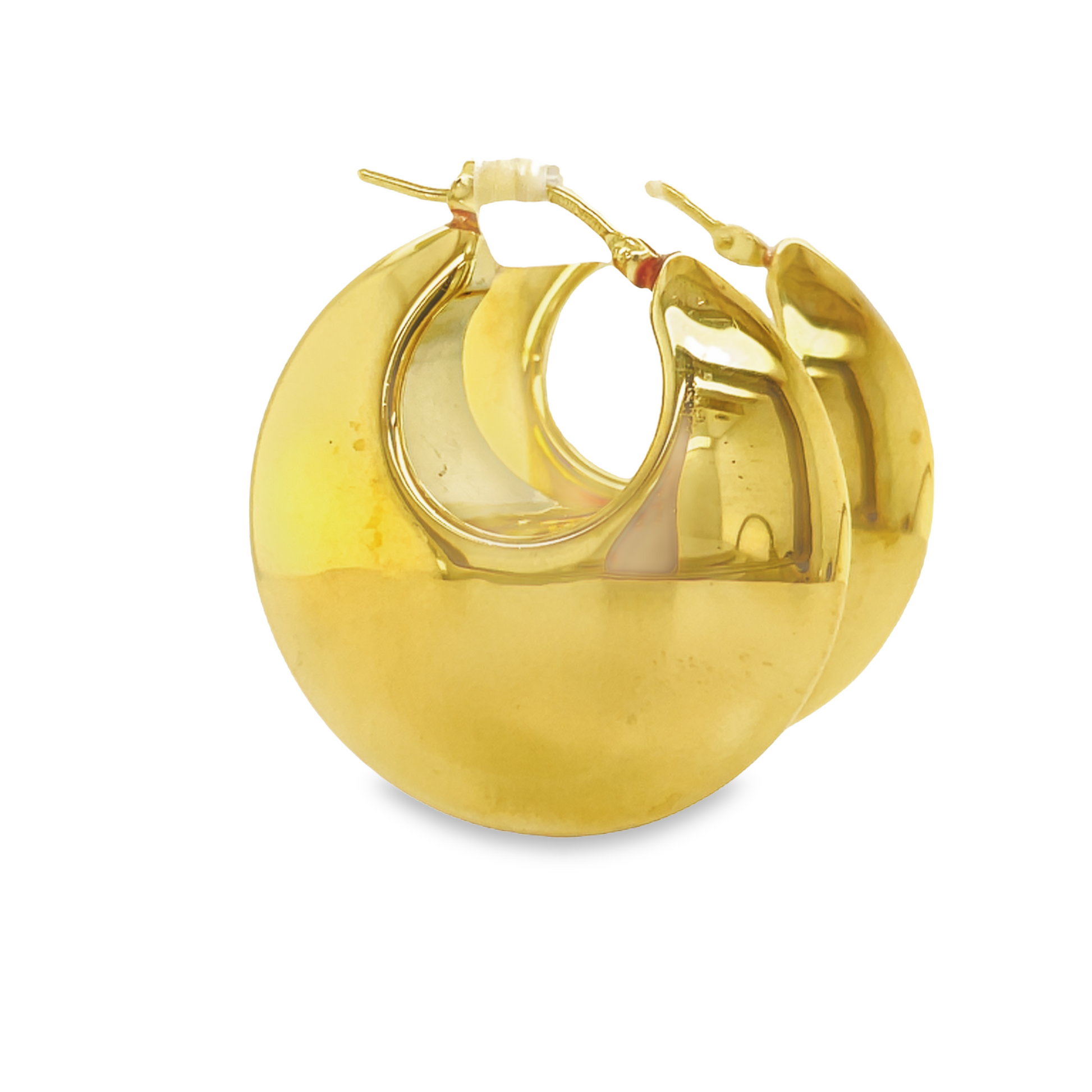 14k Italian Yellow Gold Puff Disk Hoop Earrings Profile View