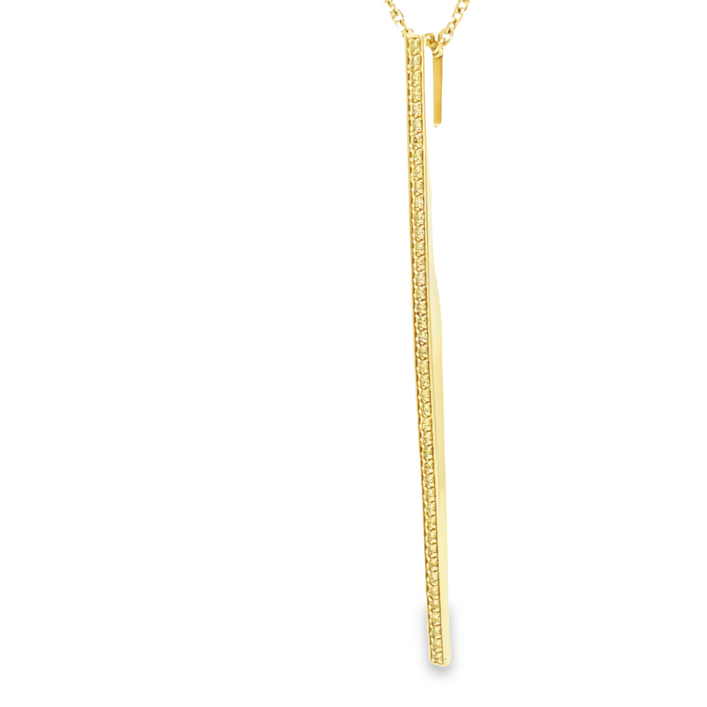 Enhance your look with this stunning 3" long diamond vertical bar pendant necklace. Crafted in 18k yellow gold, high quality diamonds 0.50-carat. it hangs in a 24" long diamond cut chain for an elegant, eye-catching look.  Perfect for special occasions."