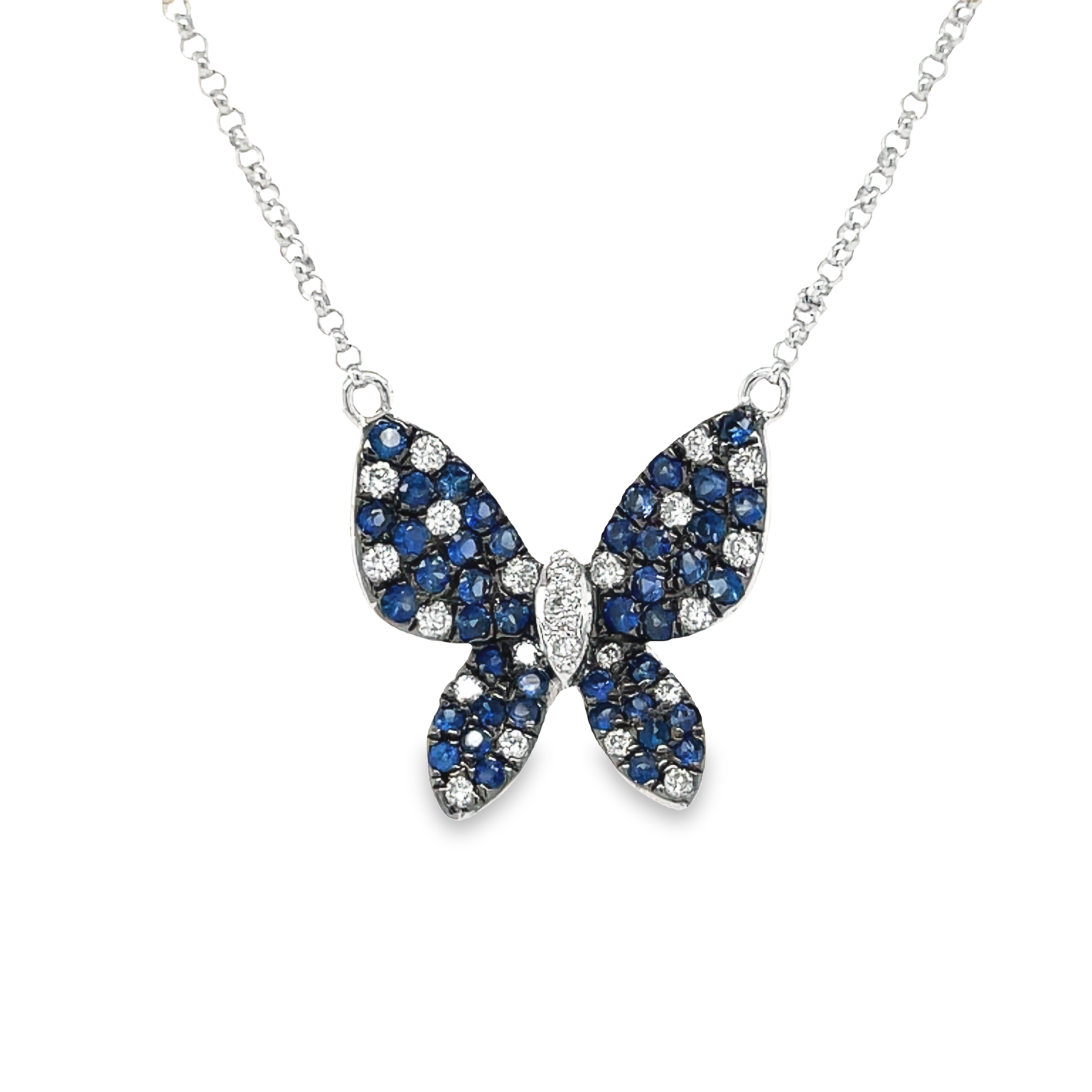 Express your elegance and style with this stunning 18K Yellow Gold Butterfly Pendant Necklace. Adorned with an eye-catching combination of sapphires totaling 0.53 cts and round diamonds totaling 0.20 cts, this necklace is sure to be a stunning addition to your wardrobe.  18" long with sizing at 17" & 18" with secure lobster clasp.