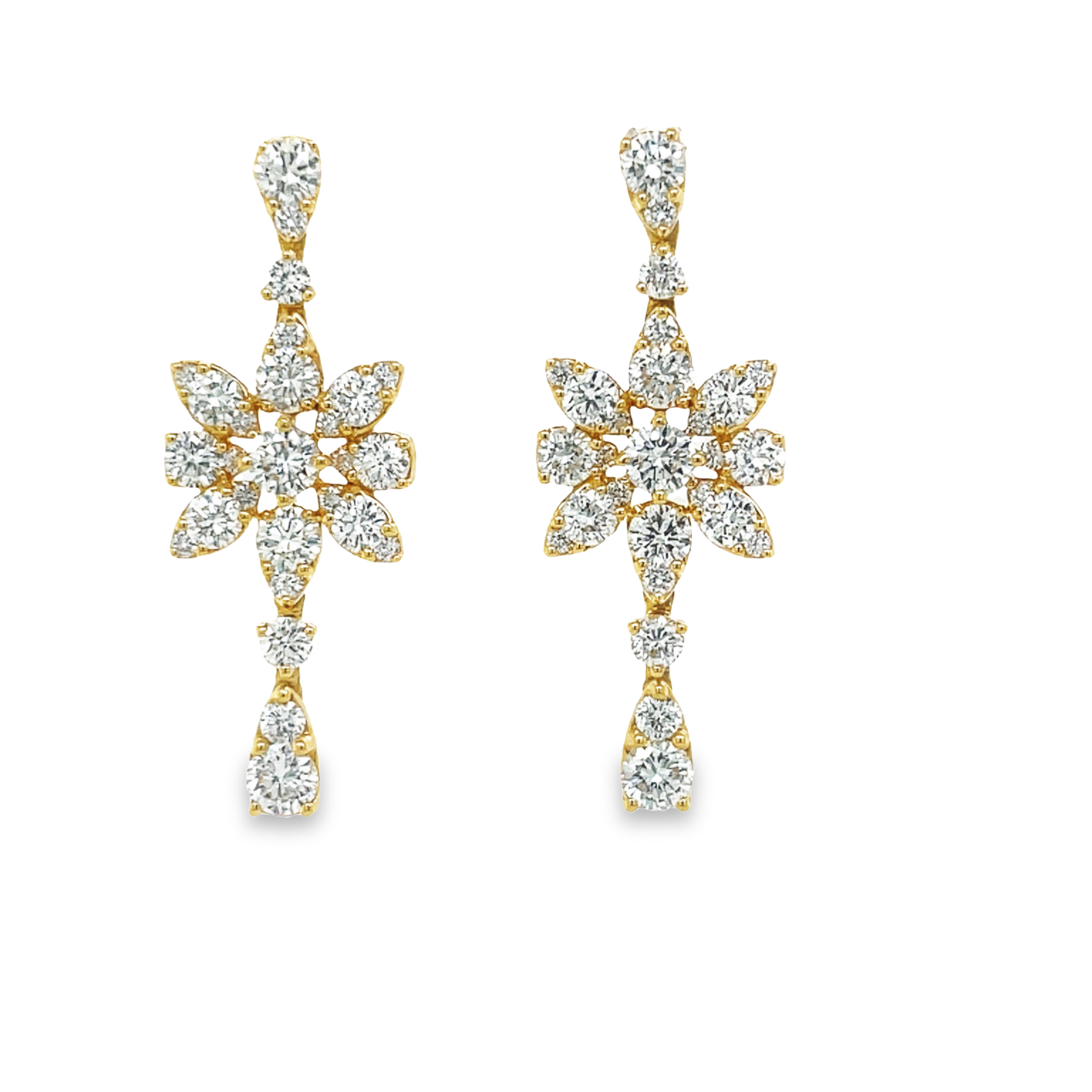 <p>Stunning diamond earrings.&nbsp;</p> <p>14k two tone white &amp; rose gold</p> <p>Secure hinge closure&nbsp;</p> <p>Round diamonds 0.52 cts</p> <p>2" long x 10.00 mm&nbsp;</p> <p>Two diamond flowers &amp; two white enamel flowers</p>