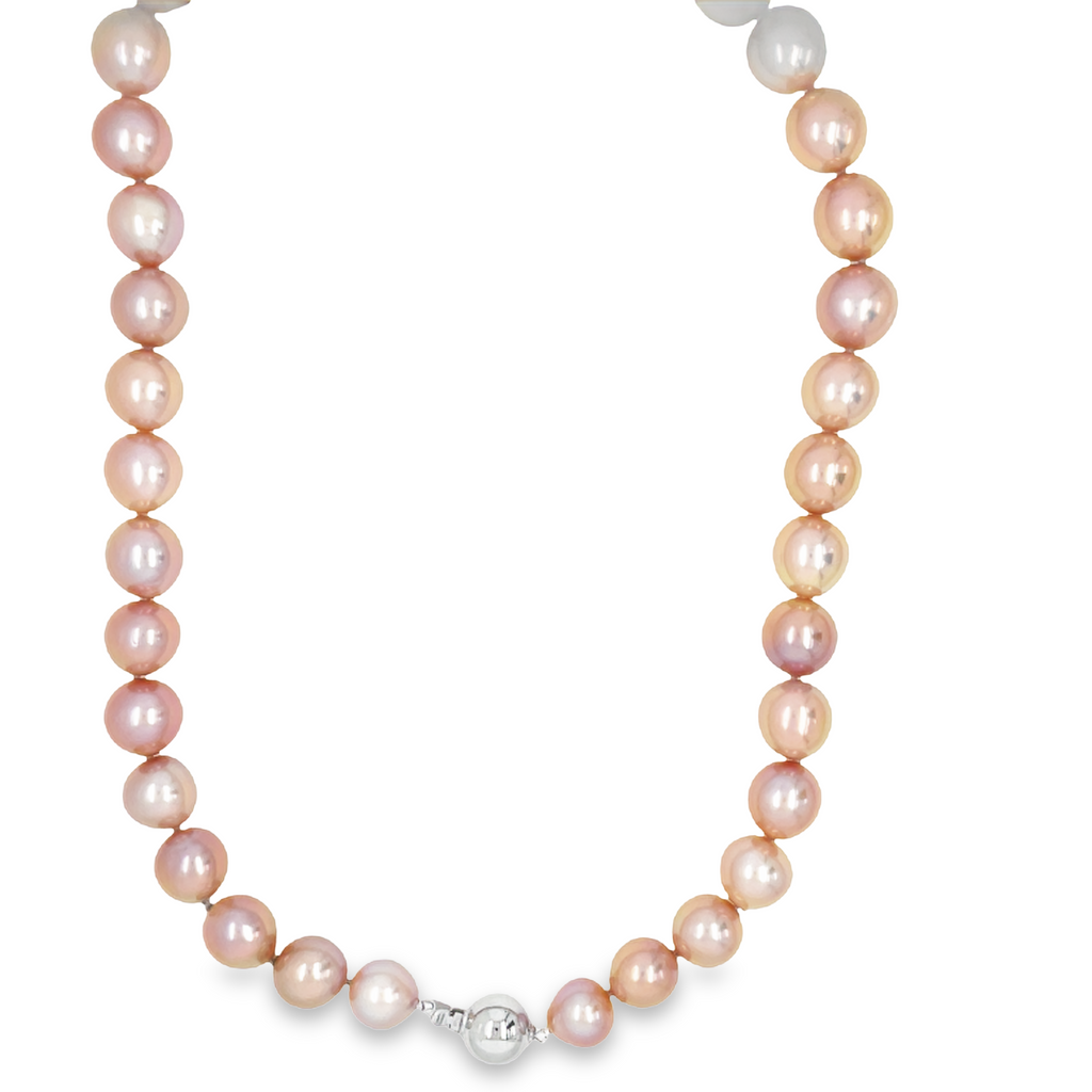 This Edison Cultured Pearl Necklace is crafted with freshwater pearls that take 2-3 years to grow. It features 12.00mm pearls, which are twice as large as regular freshwater pearls, and boast unique colors ranging from pink to violet. It's an exquisite statement piece that will elevate any look.