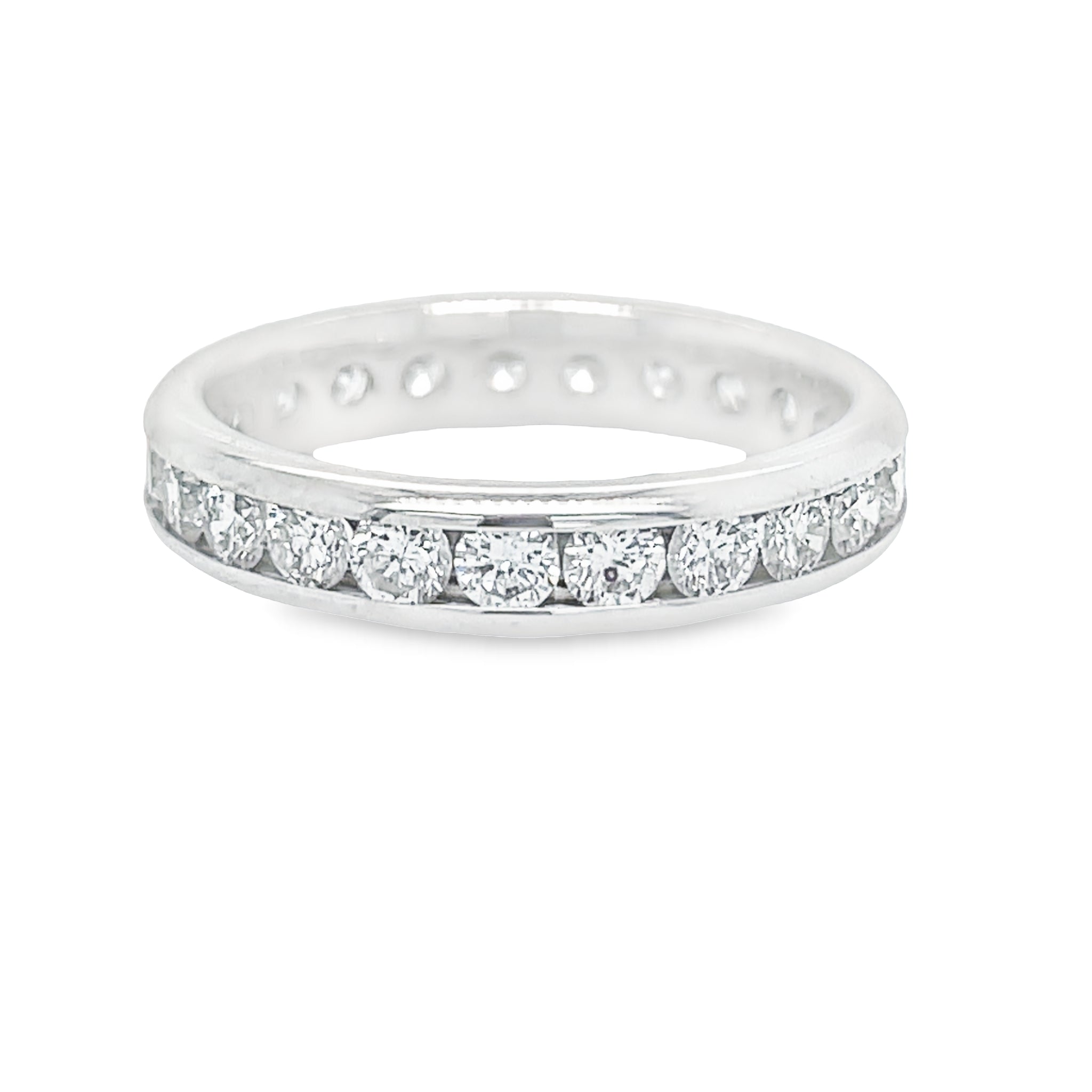 Created from 14k white gold and embedded with 1.50cts round diamonds, the Eternity Channel Setting Diamond Ring is an effortless blend of timeless elegance and modern charm. The carefully crafted setting accentuates the diamonds, making them shine brighter than ever before