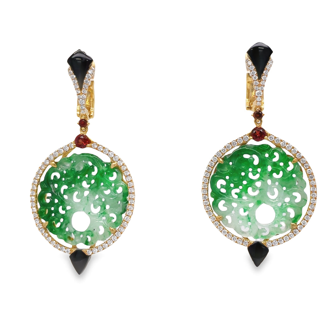 Add timeless glamour to any ensemble with these exquisite natural green jade, diamond, onyx and cabochon garnet drop earrings. Handcrafted to perfection, they boast a total of 10.72 cts of beautiful green jade from Burma and 0.70 cts of brilliant round diamonds. Combined with the unique design of handmade onyx cut shapes and the luxurious shine of four round cabochon garnets, these earrings are sure to take your look to the next level.