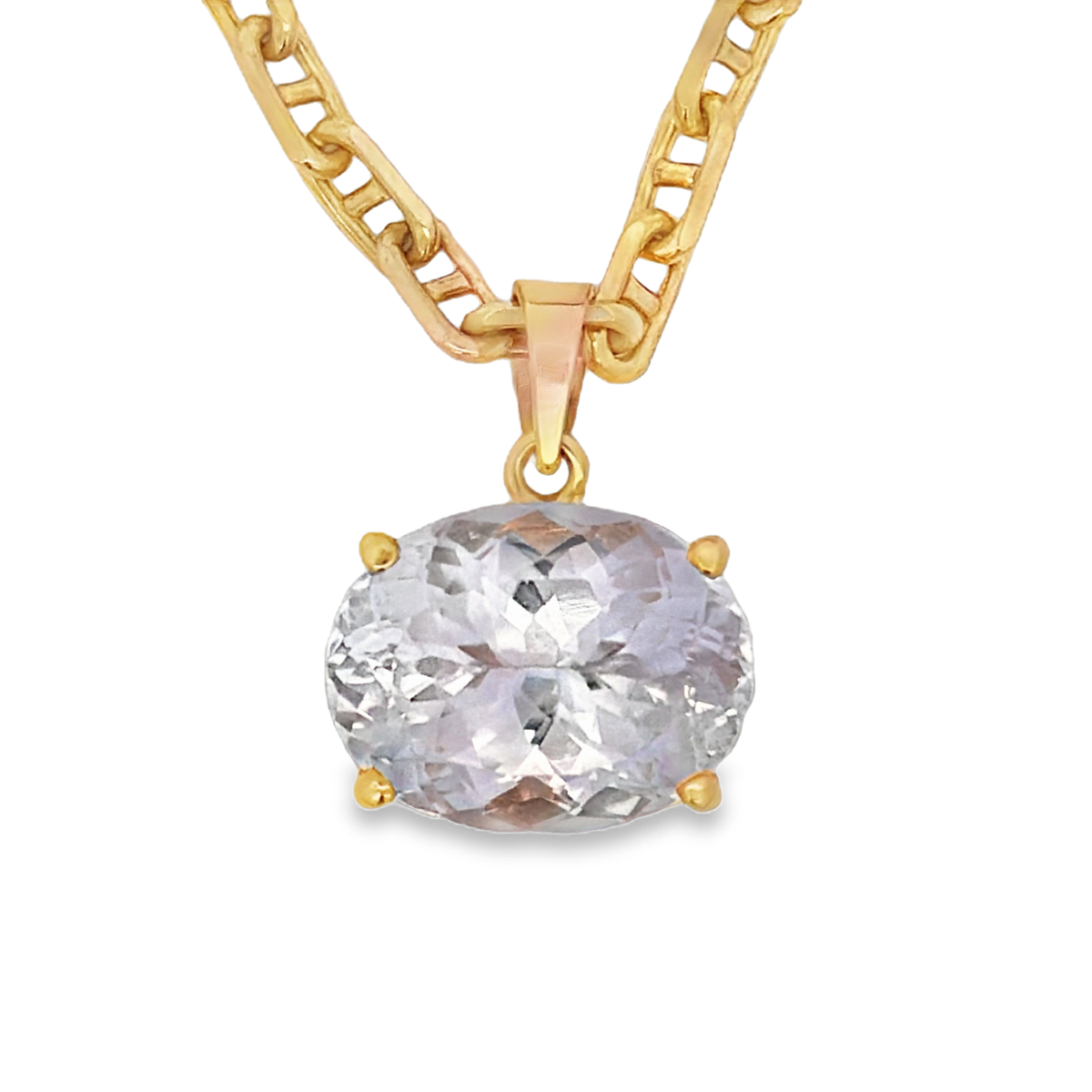 Front view of 14k Yellow Gold Oval Kunzite Solitaire Pendant Necklace