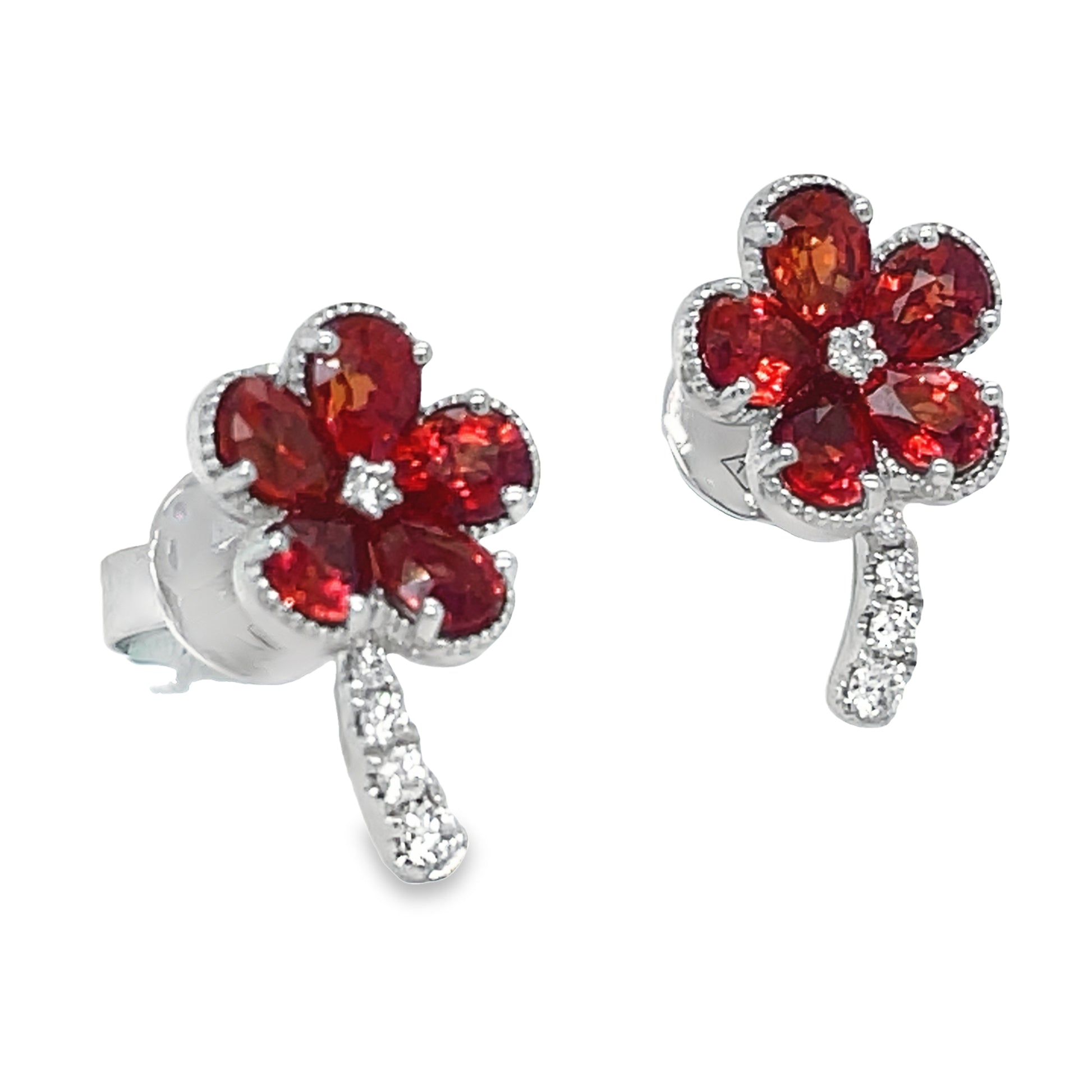 Expertly crafted with 18k white gold, these Orange Sapphire &amp; Diamond Flower Earrings feature intense orange sapphires totaling 2.19 carats and round diamonds totaling 0.11 carats. The secure friction backs ensure comfortable and worry-free wear. Elevate your look with the vibrant color and sparkling beauty of these stunning earrings.