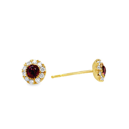 Small Tourmaline & Diamond Stud Earrings Front and Side View