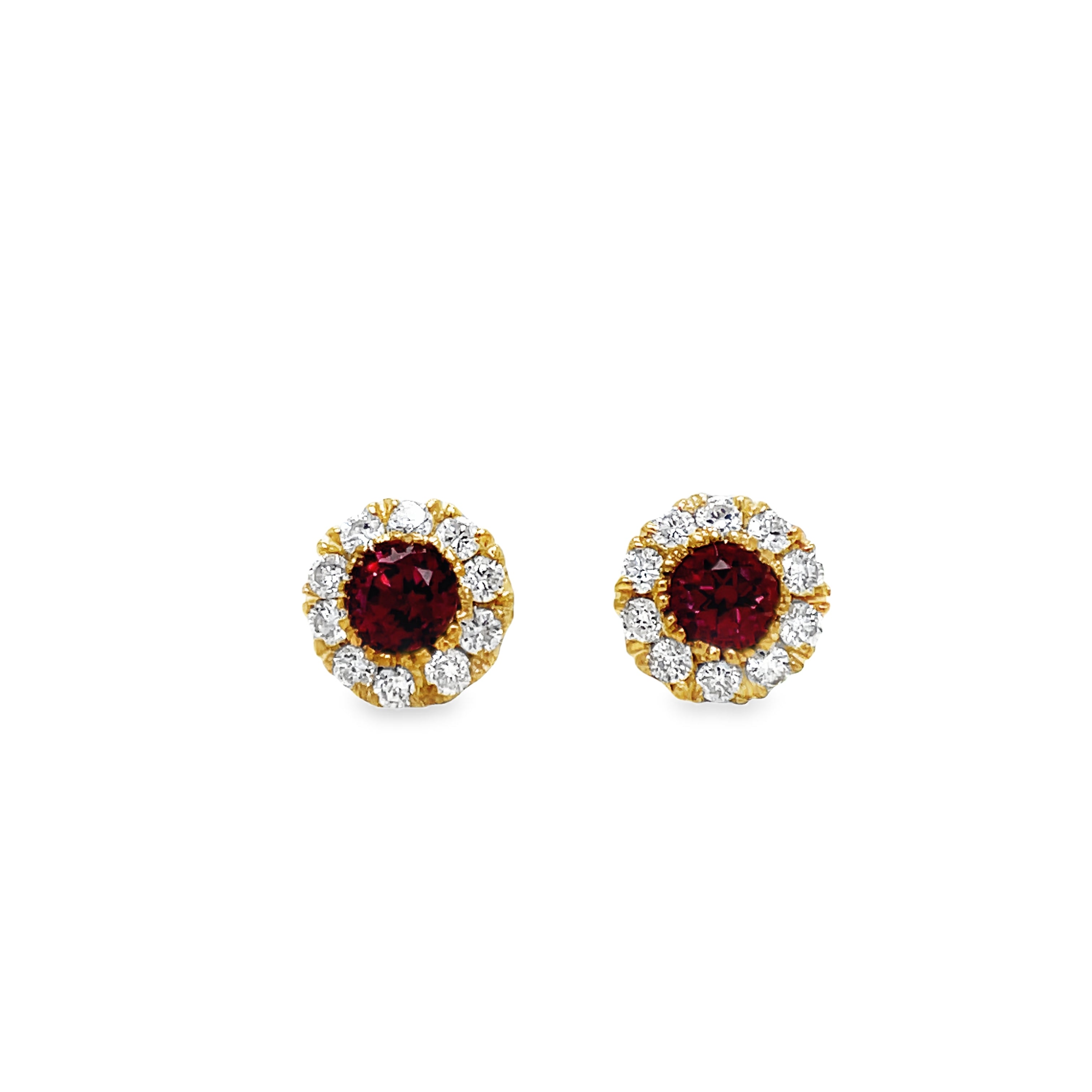 Experience understated elegance with our Small Tourmaline &amp; Diamond Stud Earrings. Crafted from luxurious 18k yellow gold, these earrings feature secure friction backs for a worry-free wear. The round tourmalines add a touch of color, while the sparkling round diamonds add a touch of glamour. Elevate your style with these exquisite earrings.