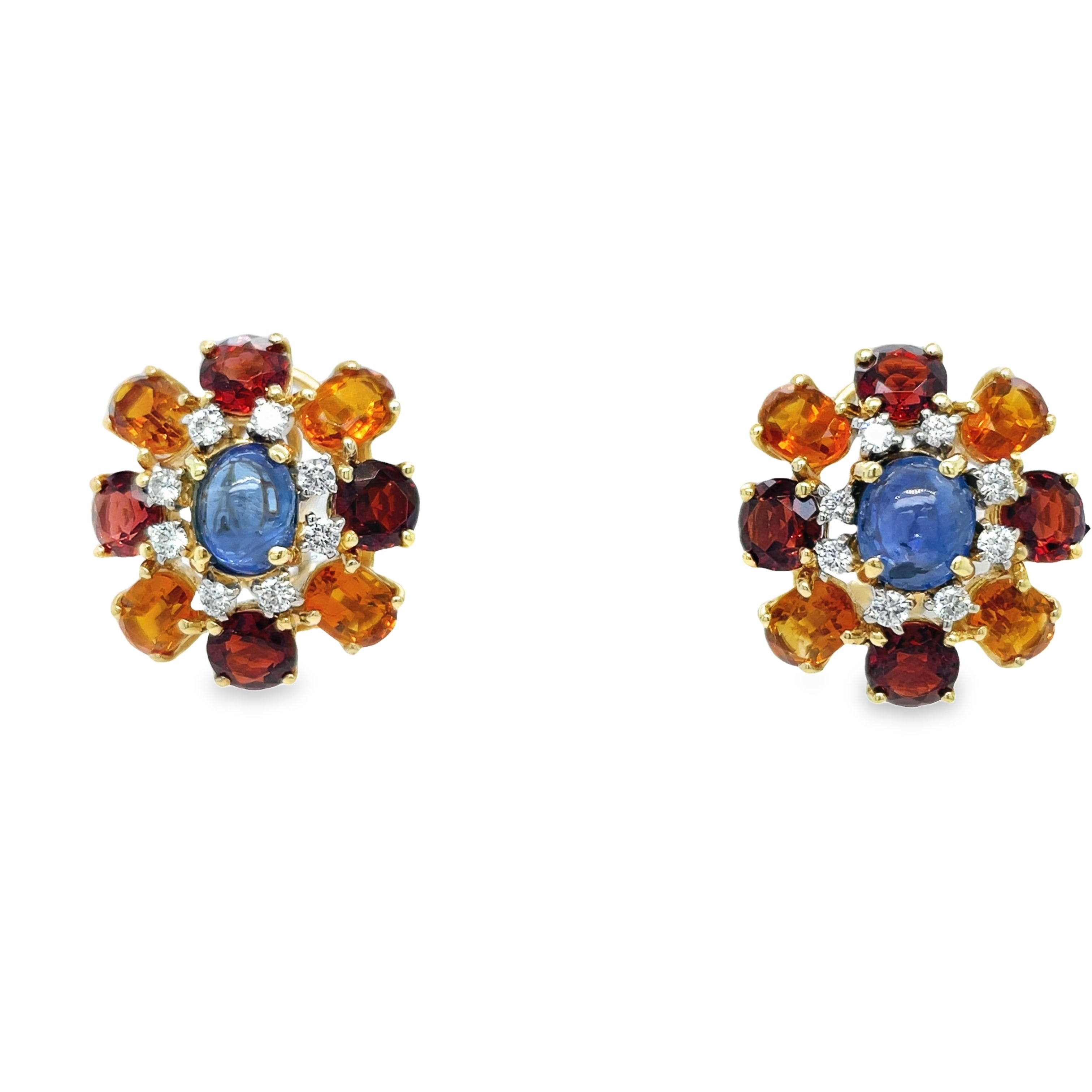 Add a touch of elegance to any outfit with our Flower Motif Sapphire and Citrine Diamond Earrings. Made with 14k yellow gold and featuring secure omega systems, these earrings showcase multi-colored and fancy shaped citrines, as well as round diamonds and two cabochon sapphires, creating a dazzling and unique look. Perfect for any occasion, these earrings are a must-have for any jewelry collection.