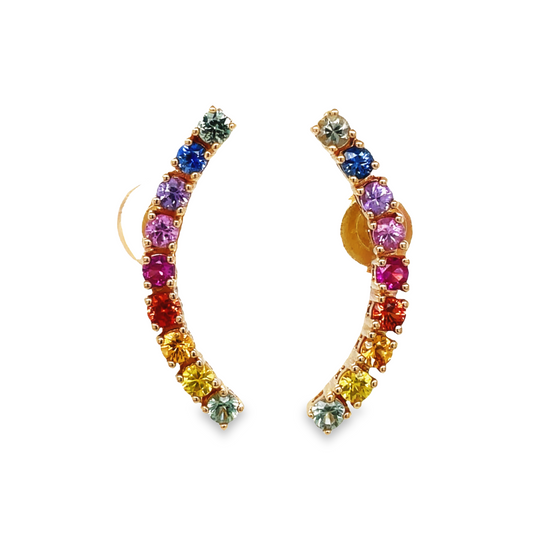 Front view of 18k Rose Gold Multicolor Sapphire Climber Earrings