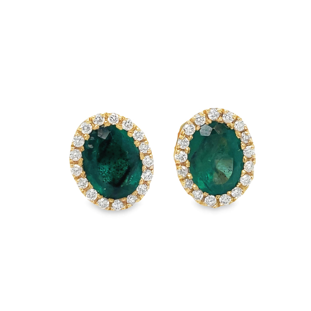 These Colombian Emerald & Diamond Oval Shape Stud Earrings bring a timeless elegance to any look. Expertly crafted with 1.80 cts of very good colored oval emeralds and 0.25 cts round diamonds set in 18k yellow gold, these earrings shine brilliantly. Perfect for any occasion.
