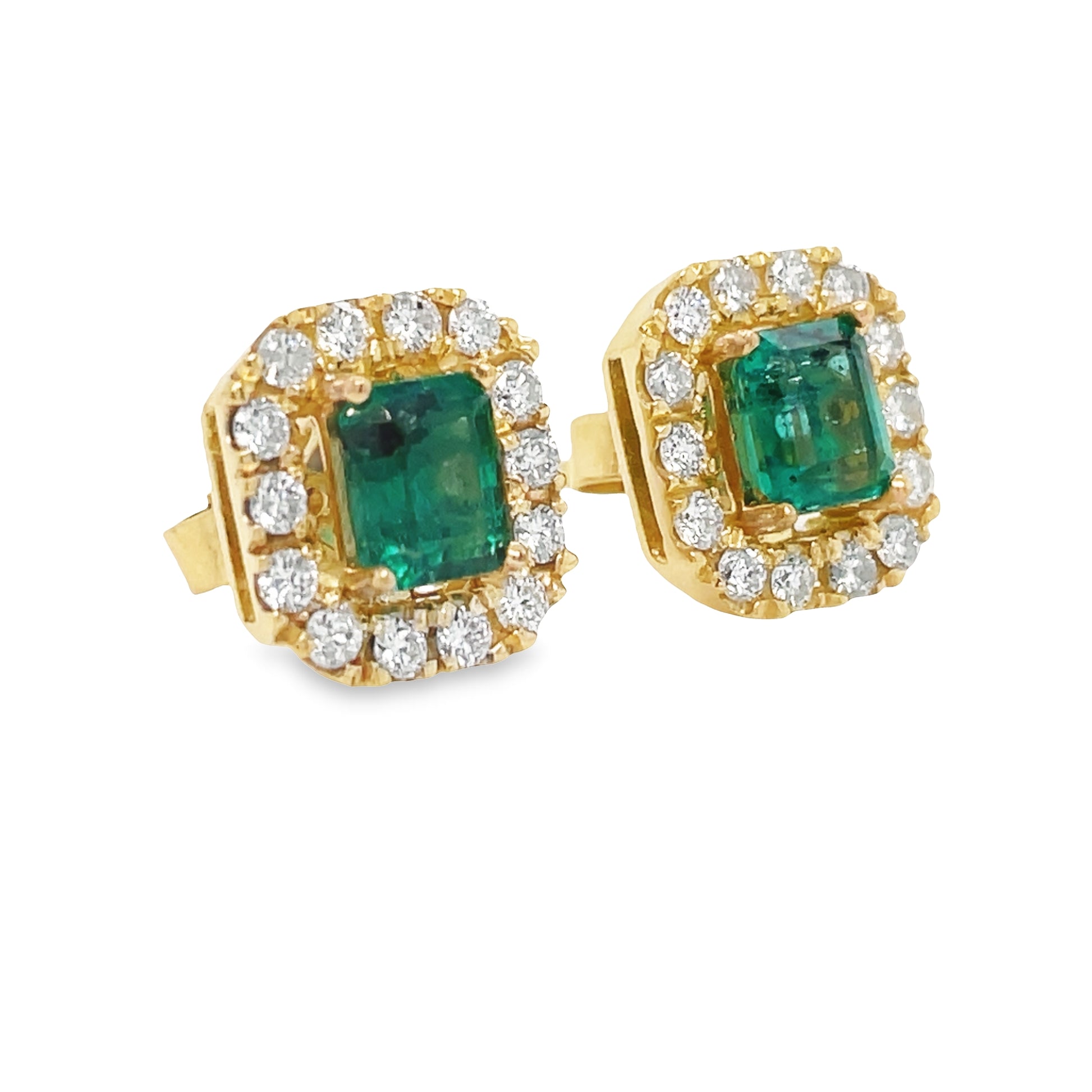 Colombian Emerald Stud Earrings with Diamond Halo Yellow Gold Side view 