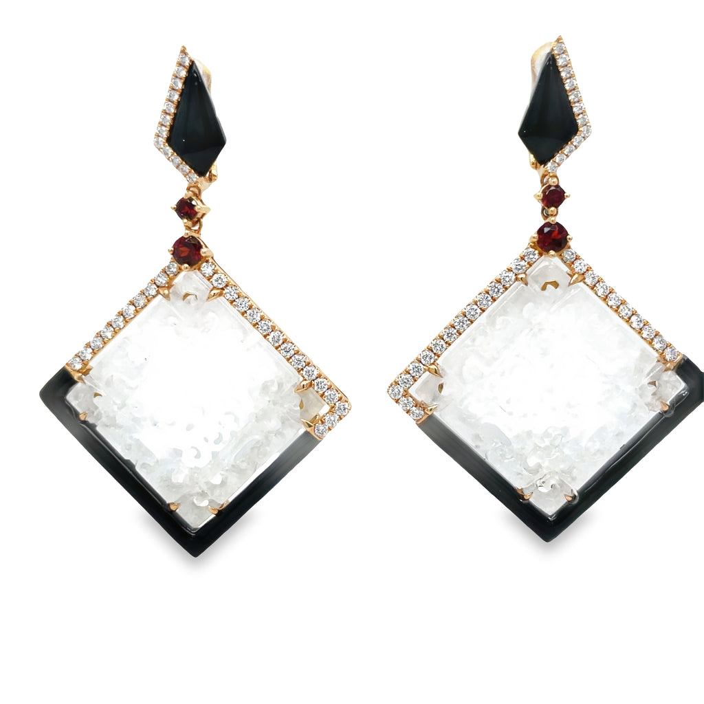 Look radiant wearing our stunning Unique Ice Jade, Diamond, Onyx & Garnet Drop Earrings! Luxurious 18k rose gold frames these rare ice jade stones, perfectly set with 0.79 cts of round diamonds, 6.21 cts of handmade onyx stripes, and four cabochon garnets. Get ready to shine!