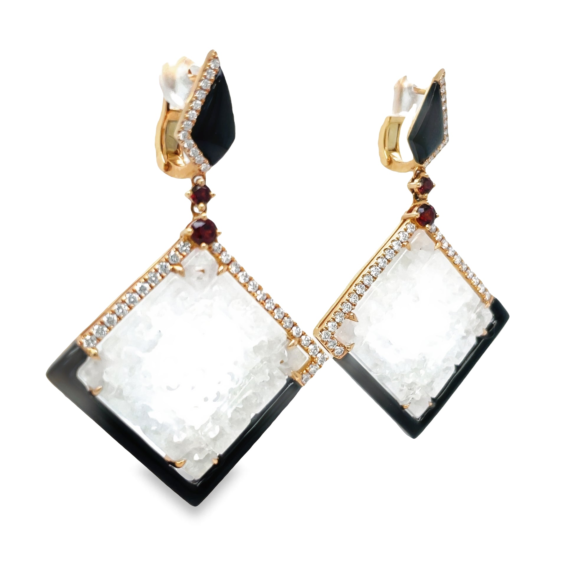 Unique Ice Jade, Diamond, Onyx & Garnet Drop Earrings Side view 