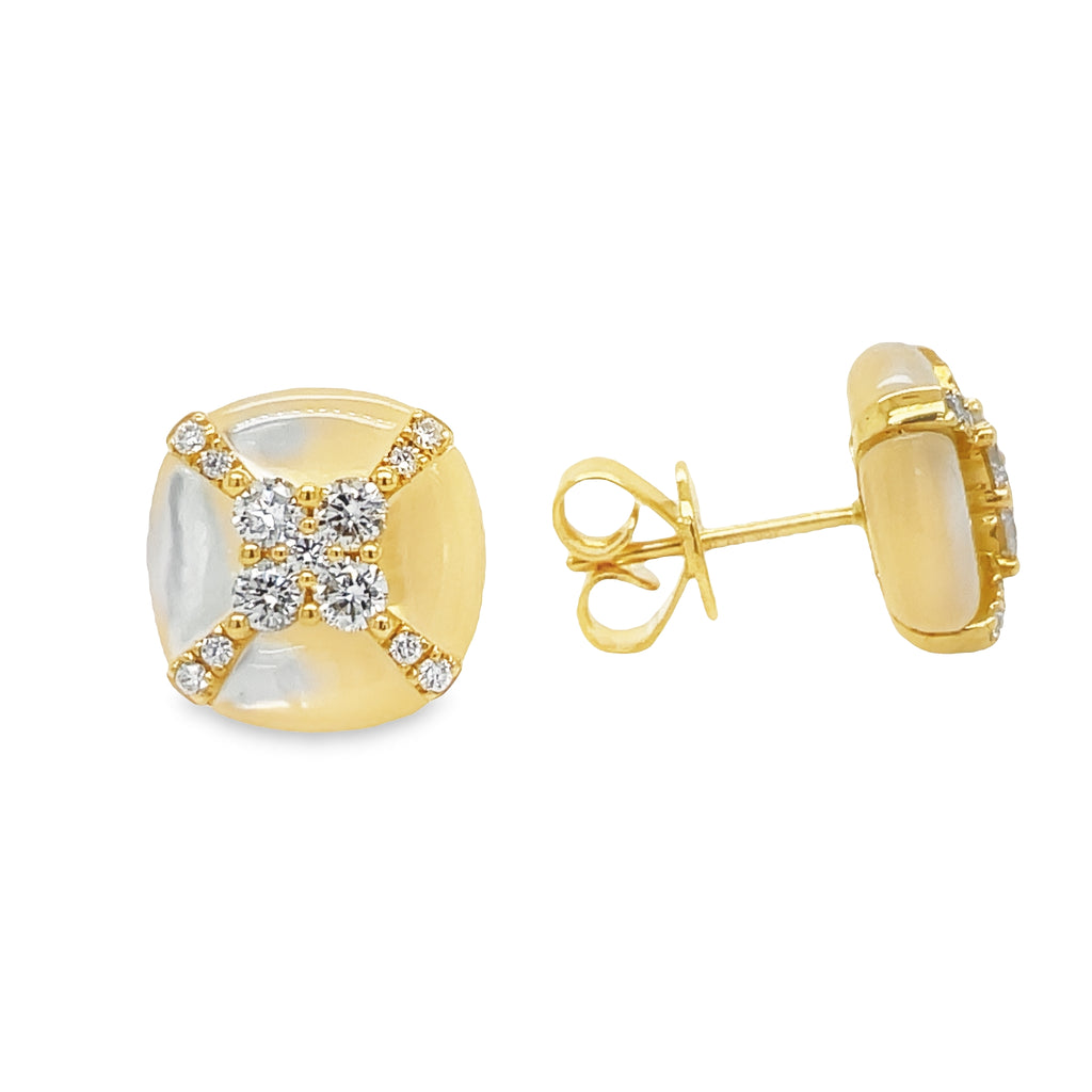 Unique 18k yellow gold, accented by two precious gems: diamond rounds and mother of pearl squares set in an eye-catching design. Perfect for any occasion, these earrings speak of power and grace with a 0.59 ct diamond and 6.78 ct MOP. Make a statement with these beautiful earrings.