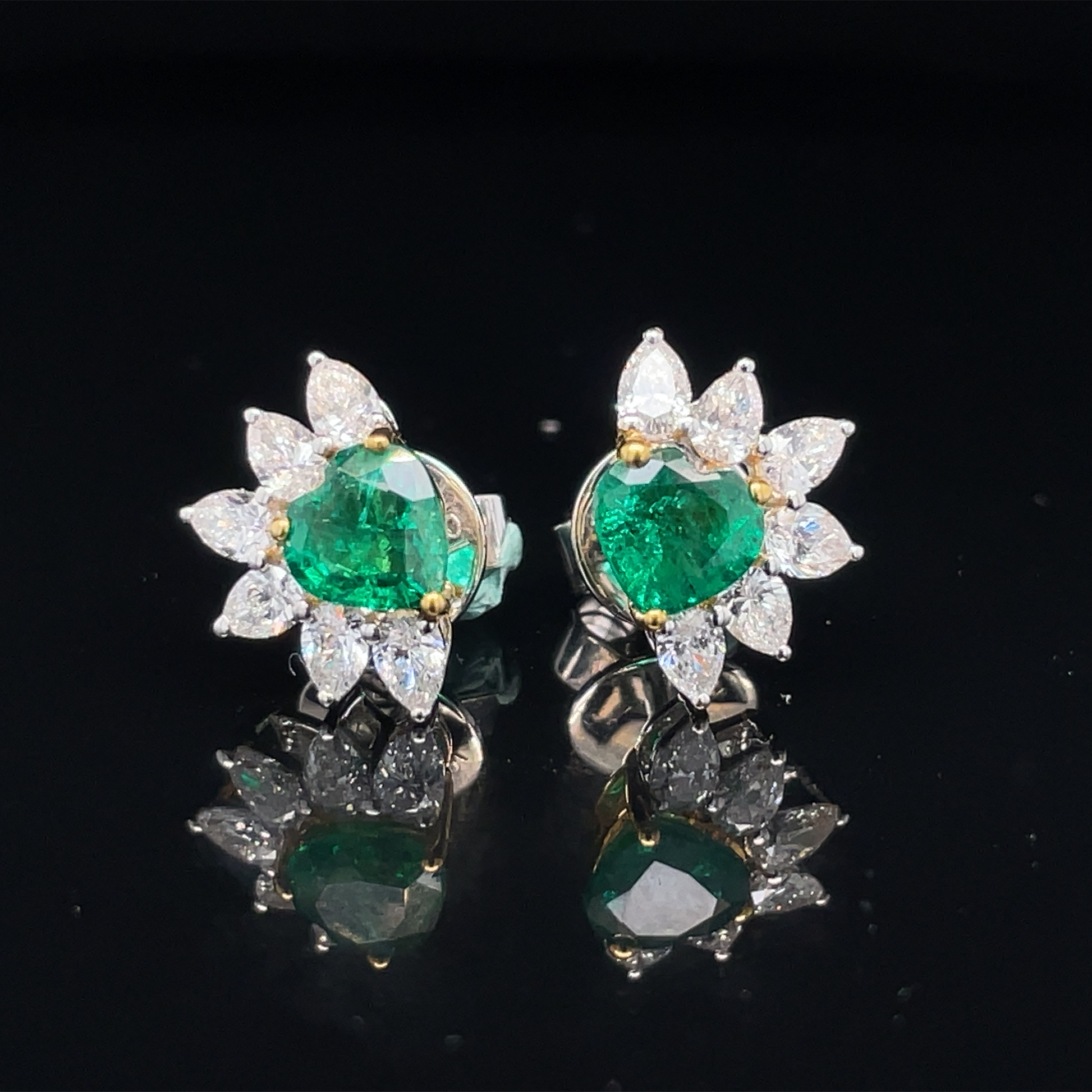 Zambian Heart Shape Emerald & Marquise Diamond Stud Earrings Front view 