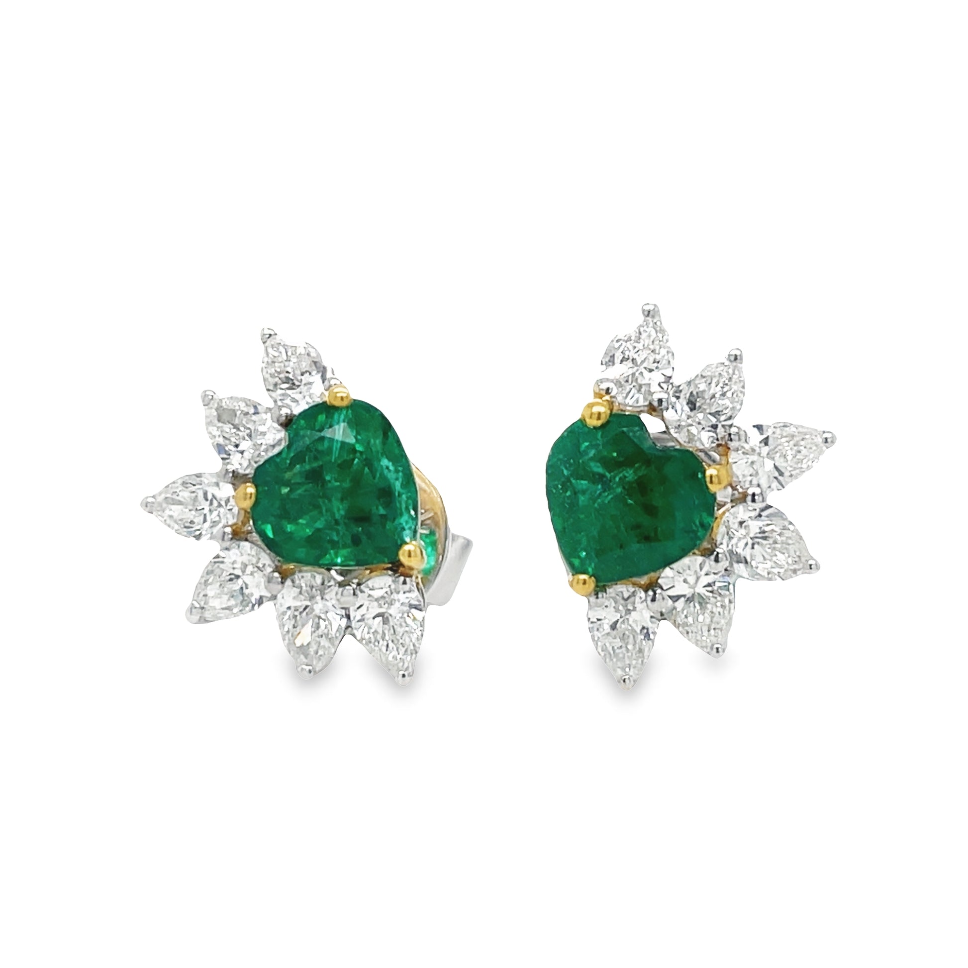 Zambian Heart Shape Emerald & Marquise Diamond Stud Earrings Front view 